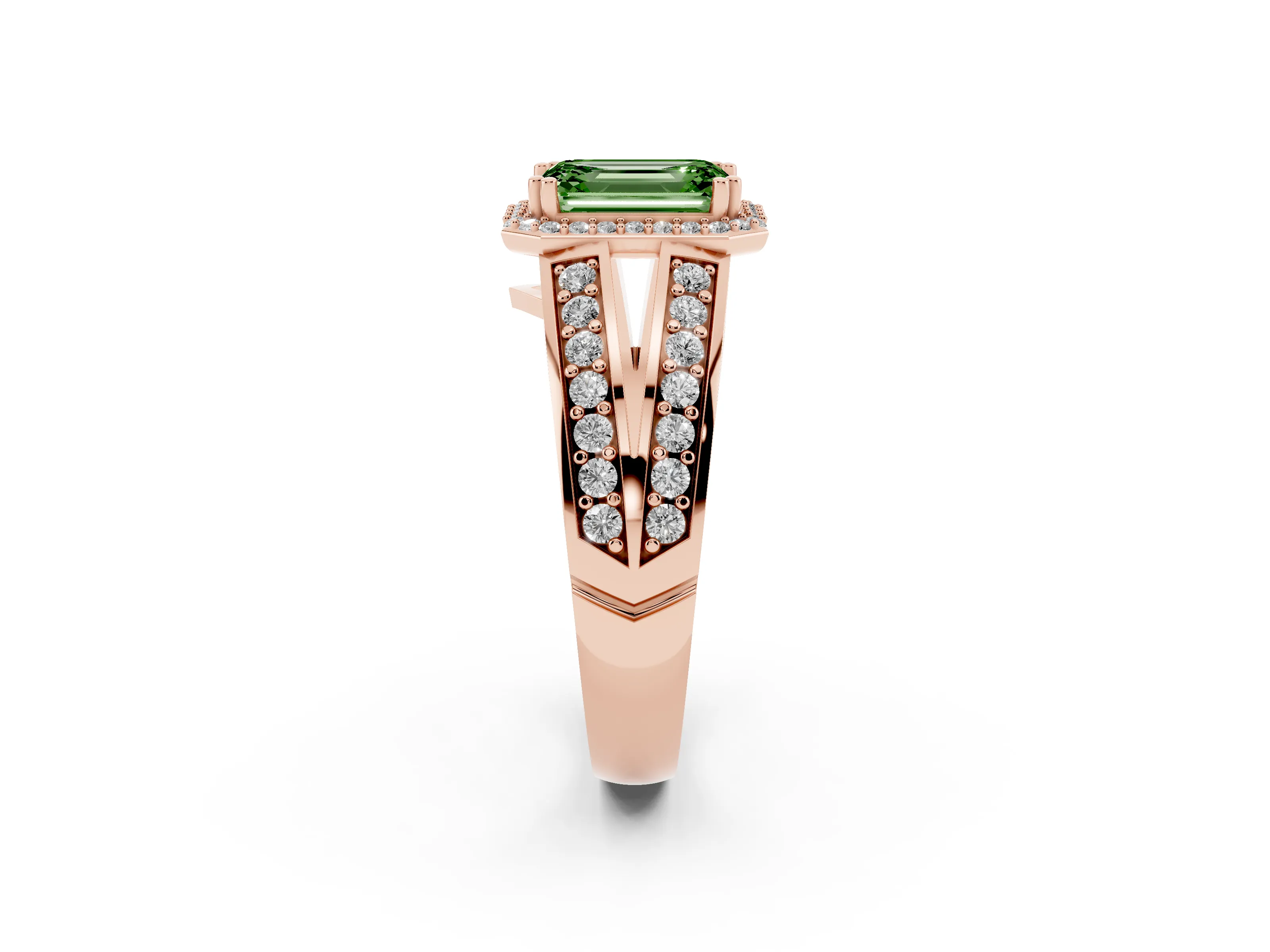 Fancy Green Emerald Cut Diamond Halo Ring Set in Rose gold with Double Pavé Split Shank
