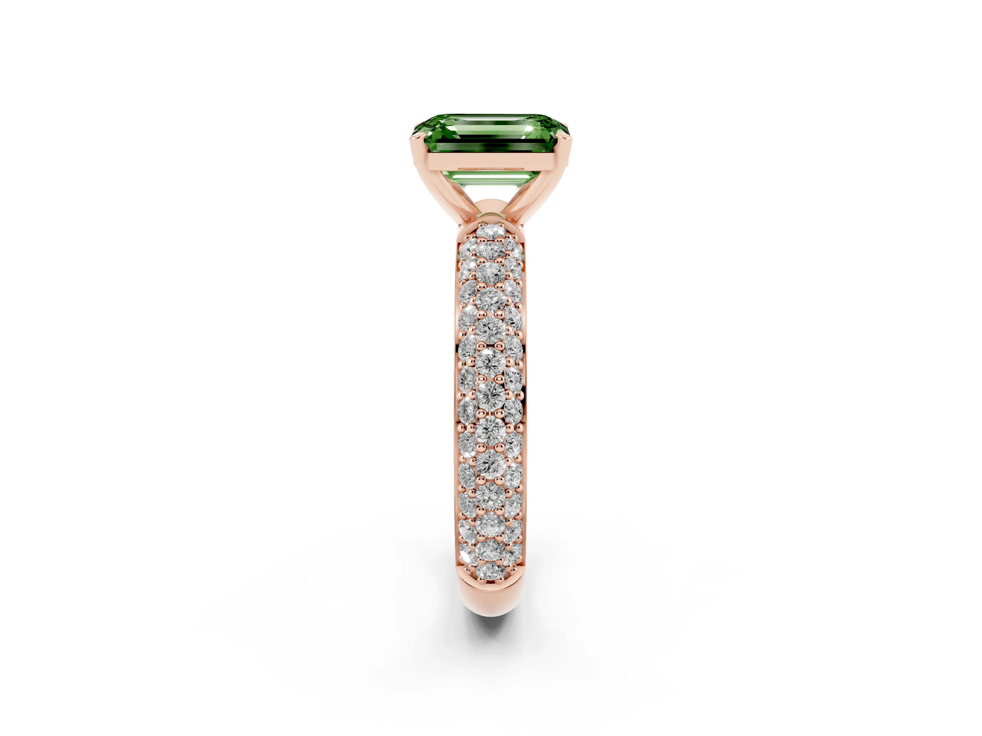 Fancy Green Emerald Cut Diamond Solitaire Ring Set in Rose gold with Prong Setting and Pavé-Set Band
