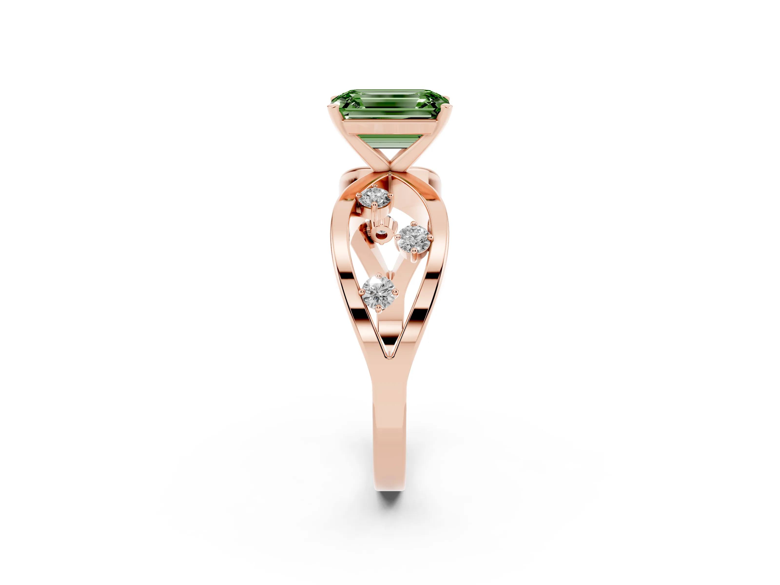 Fancy Green Emerald Cut Diamond Solitaire Ring Set in Rose gold with Side Stones on Criss-Cross Band and Prong Setting