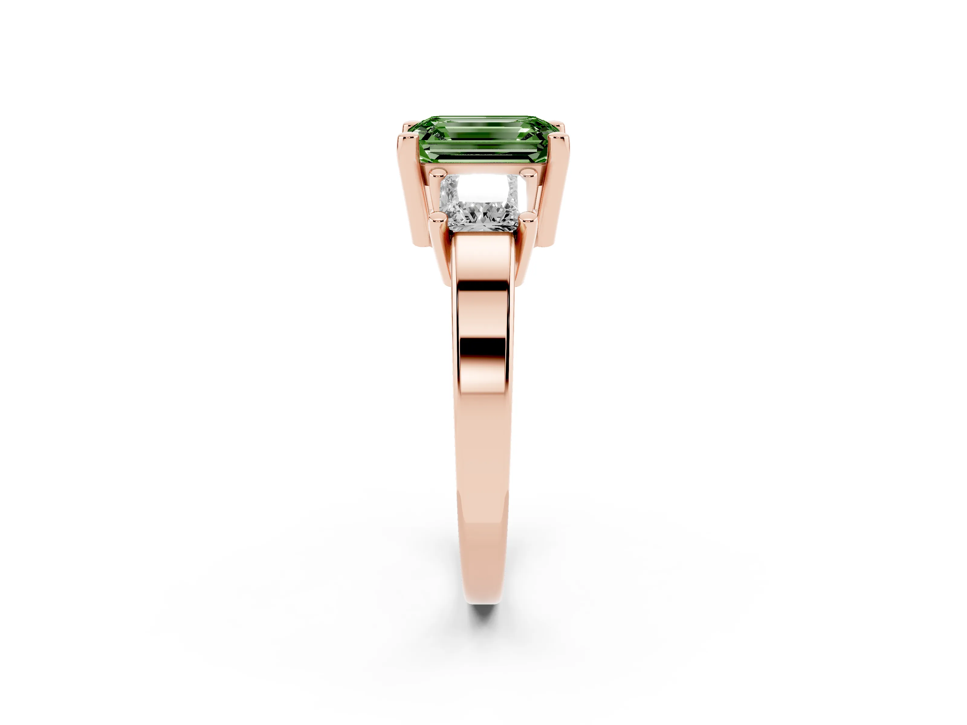 Fancy Green Three-Stone Emerald Cut Diamond Solitaire Ring Set in Rose gold with Prong Setting