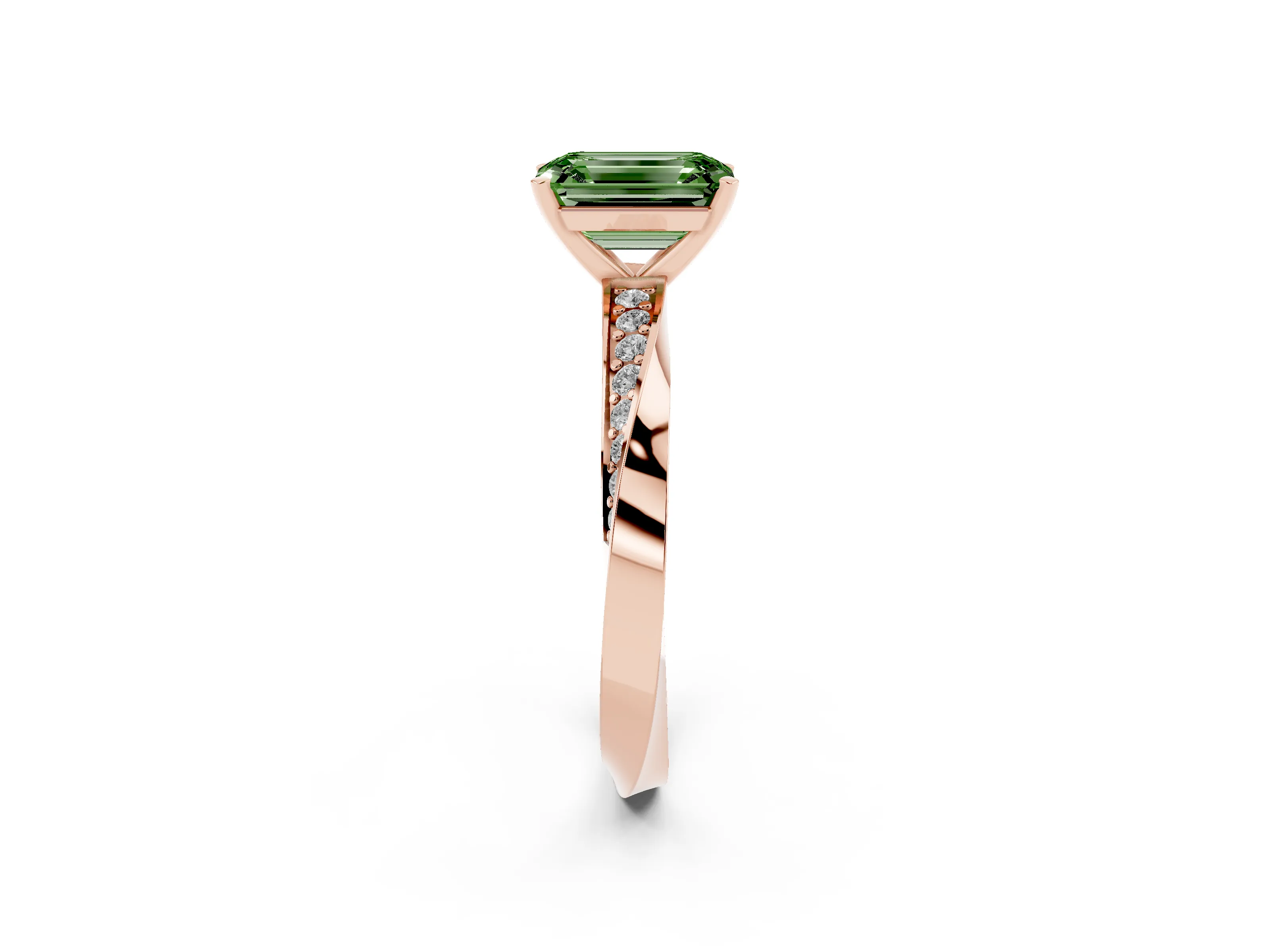 Fancy Green Emerald Cut Diamond Engagement Ring Set in Rose gold with Side Stone Accents and Prong Setting