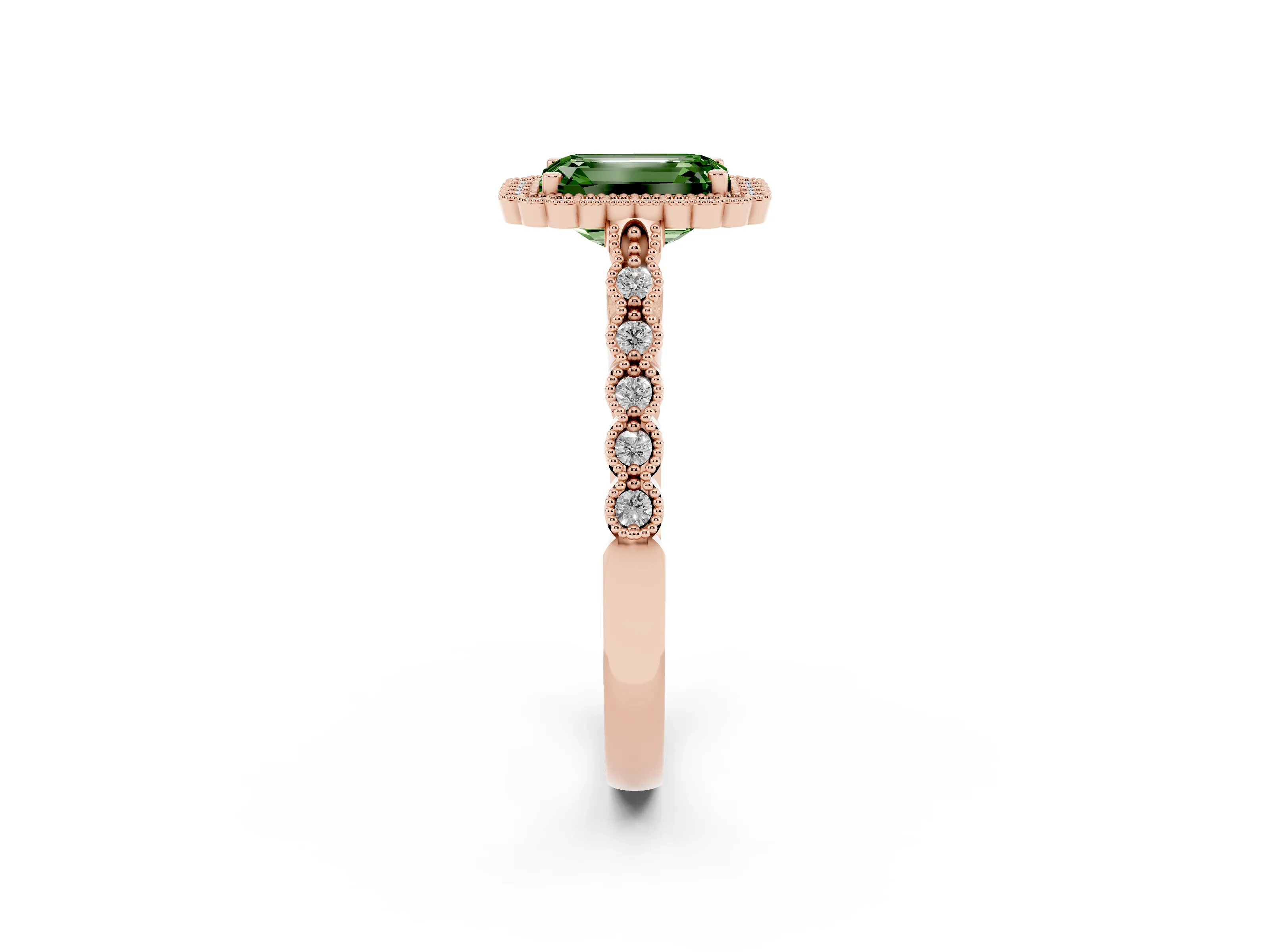 Fancy Green Emerald Cut Diamond Halo Ring Set in Rose gold with Pavé Milgrain Band