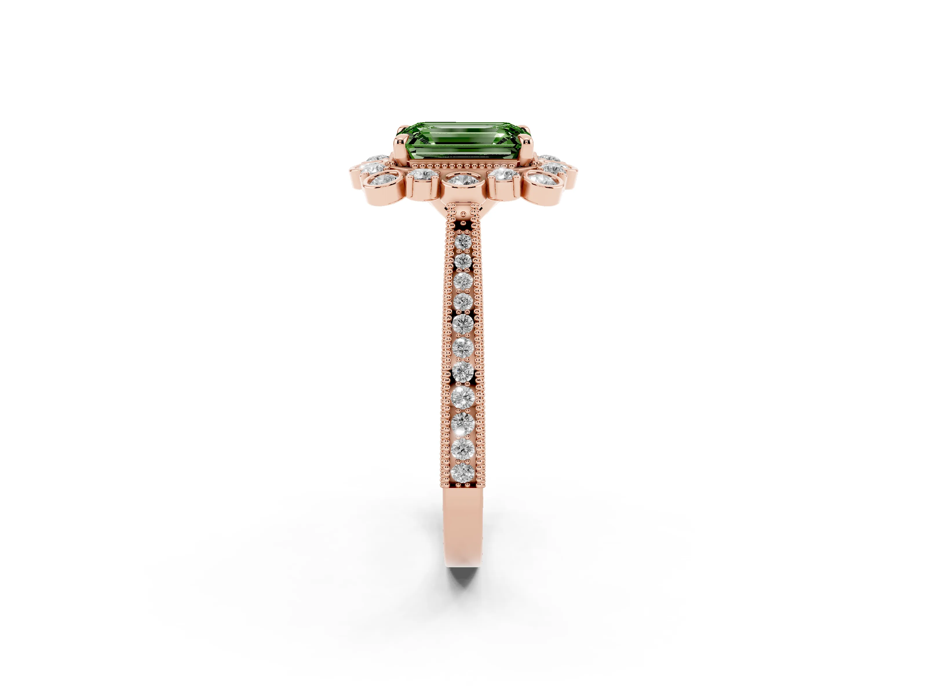 Fancy Green Emerald Cut Diamond Halo Milgrain Pavé Ring Set in Rose gold with Prong Setting