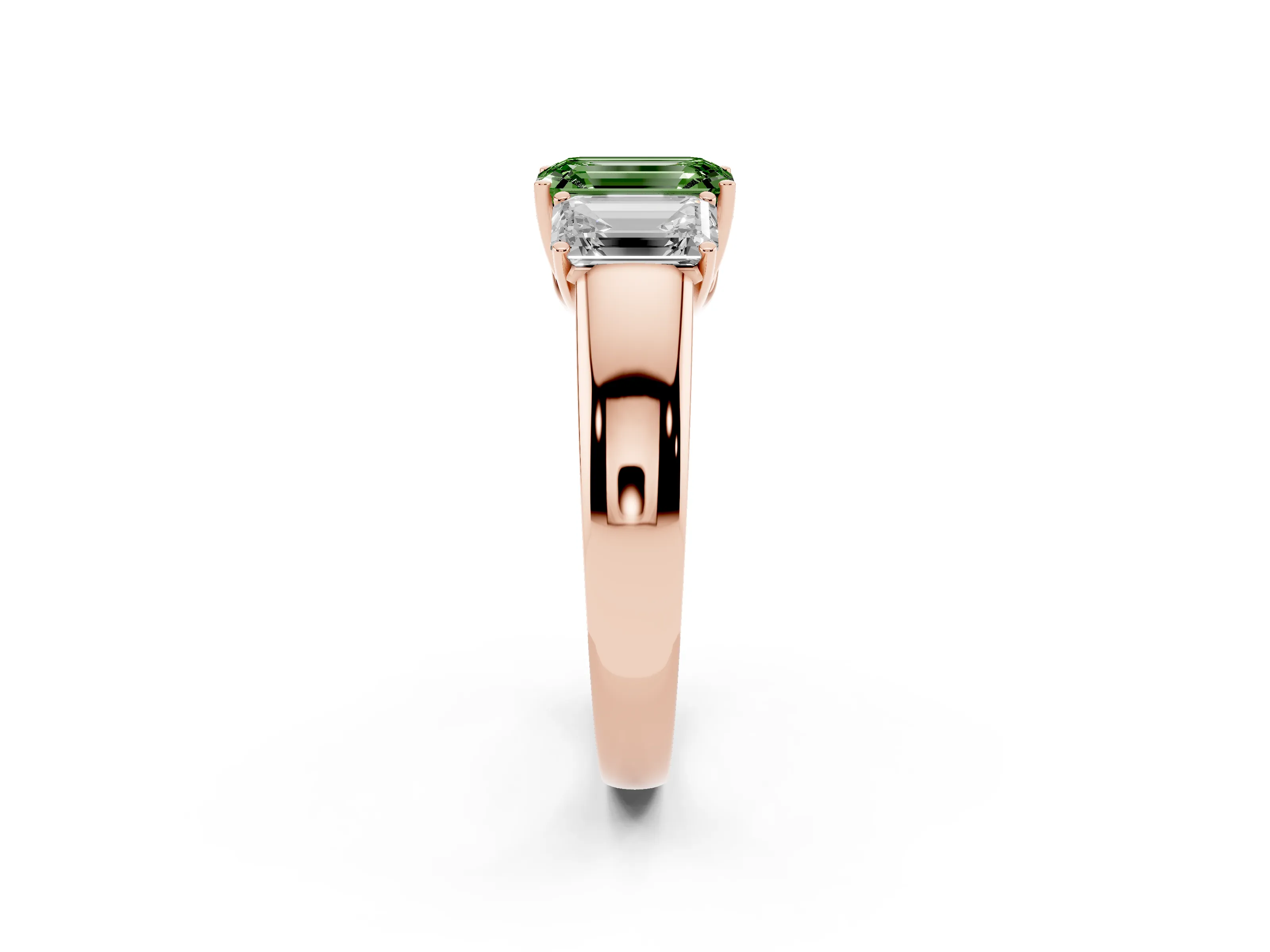 Fancy Green Three-Stone Emerald Cut Diamond Ring Set in Rose gold with Matching Prong Settings and Plain Band
