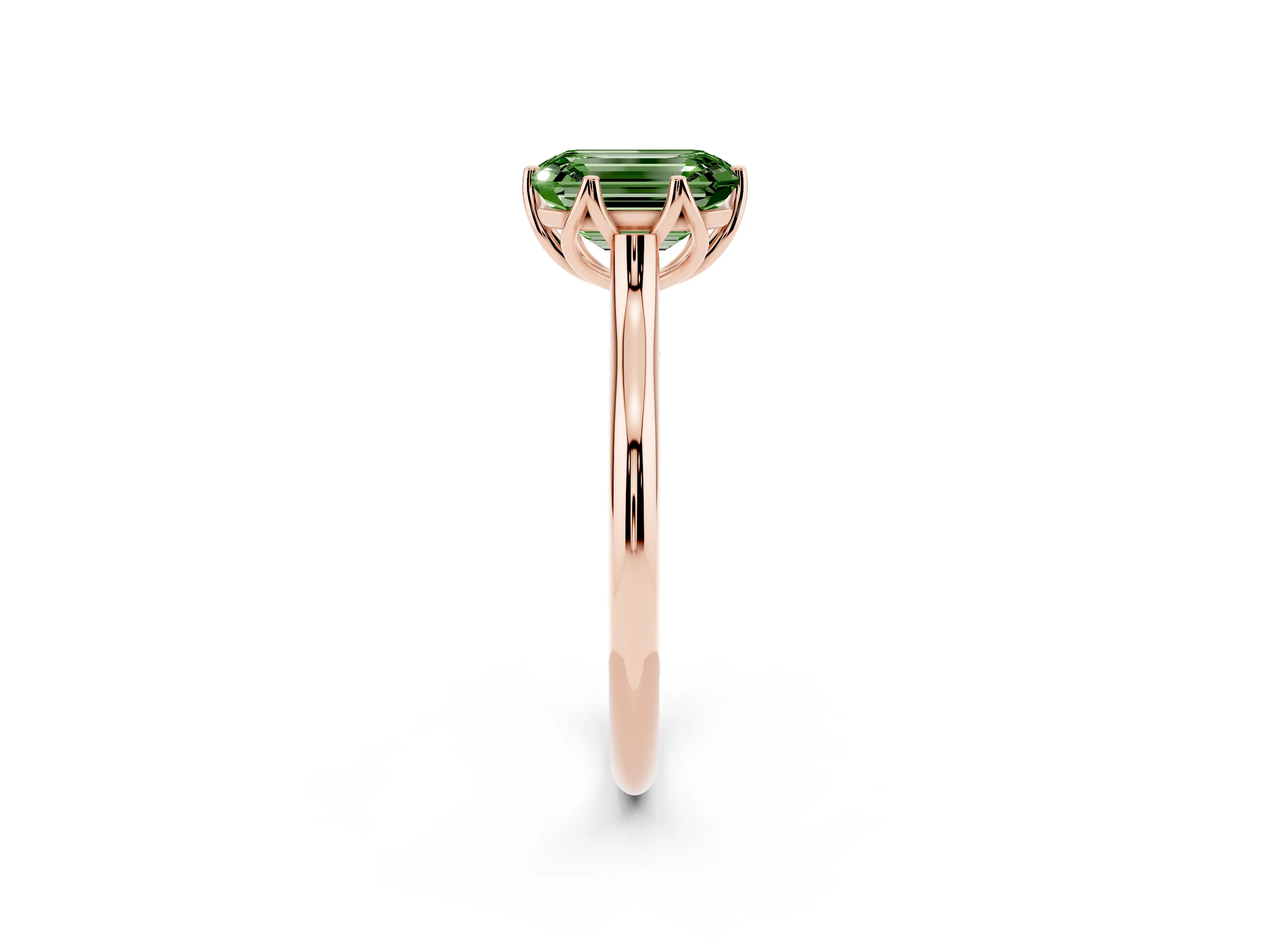 Fancy Green Emerald Cut Diamond Solitaire Cathedral Ring Set in Rose gold with Prong Setting