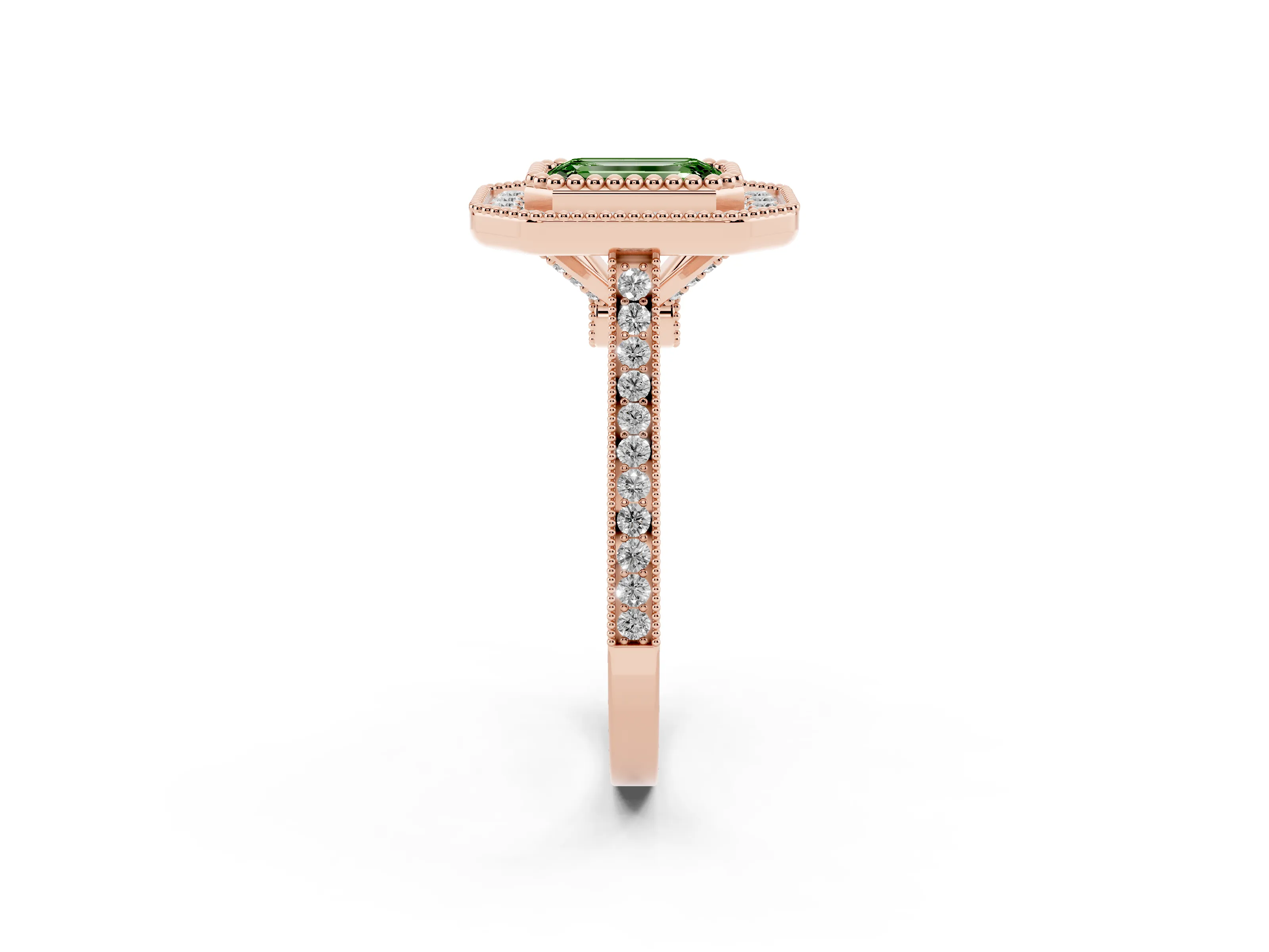 Fancy Green Emerald Cut Diamond Halo Ring Set in Rose gold with Milgrain Frame and Pavé Band