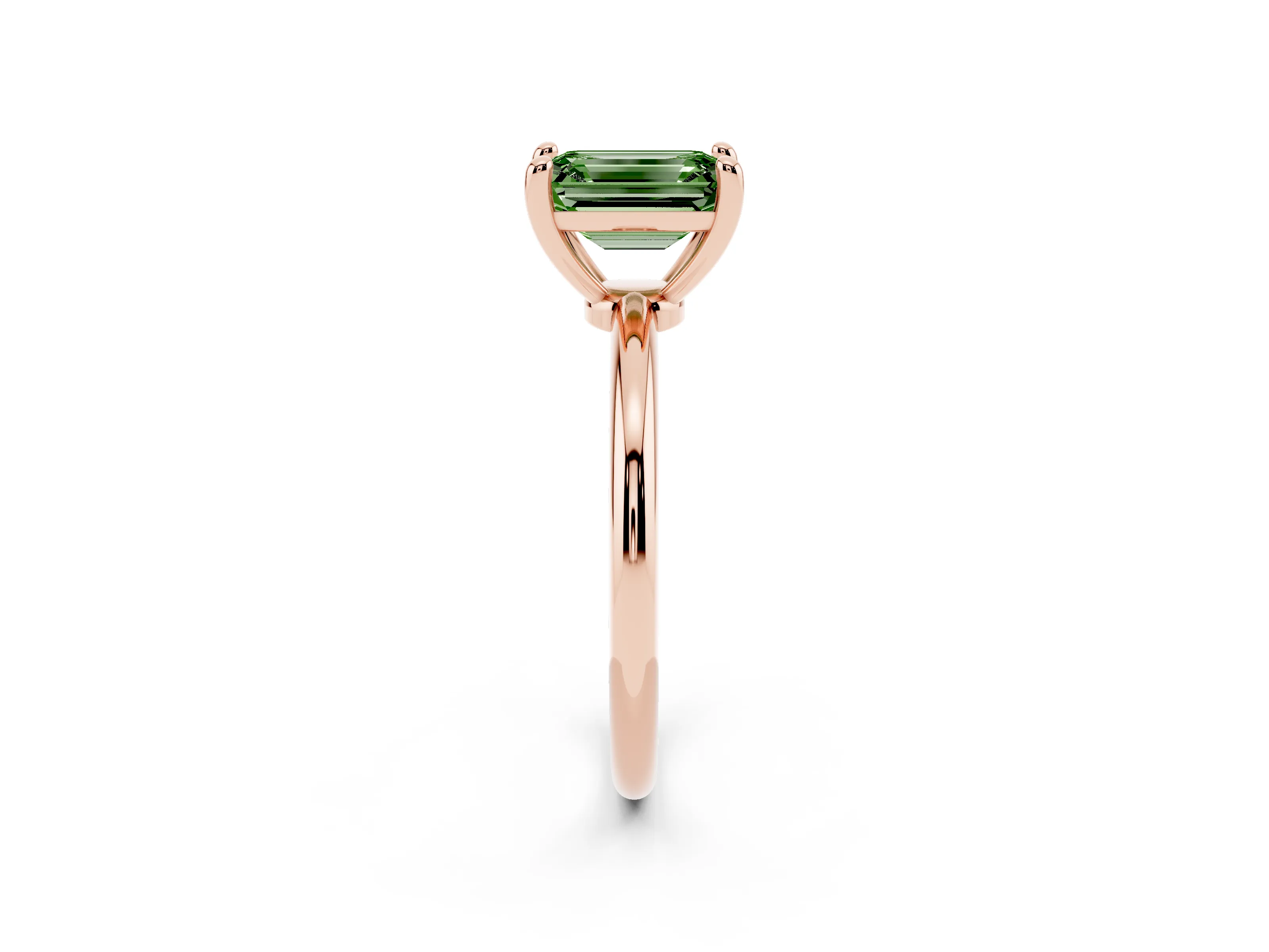 Fancy Green Emerald Cut Diamond Solitaire Ring Set in Rose gold with Secure Prong Setting on a Classic Band