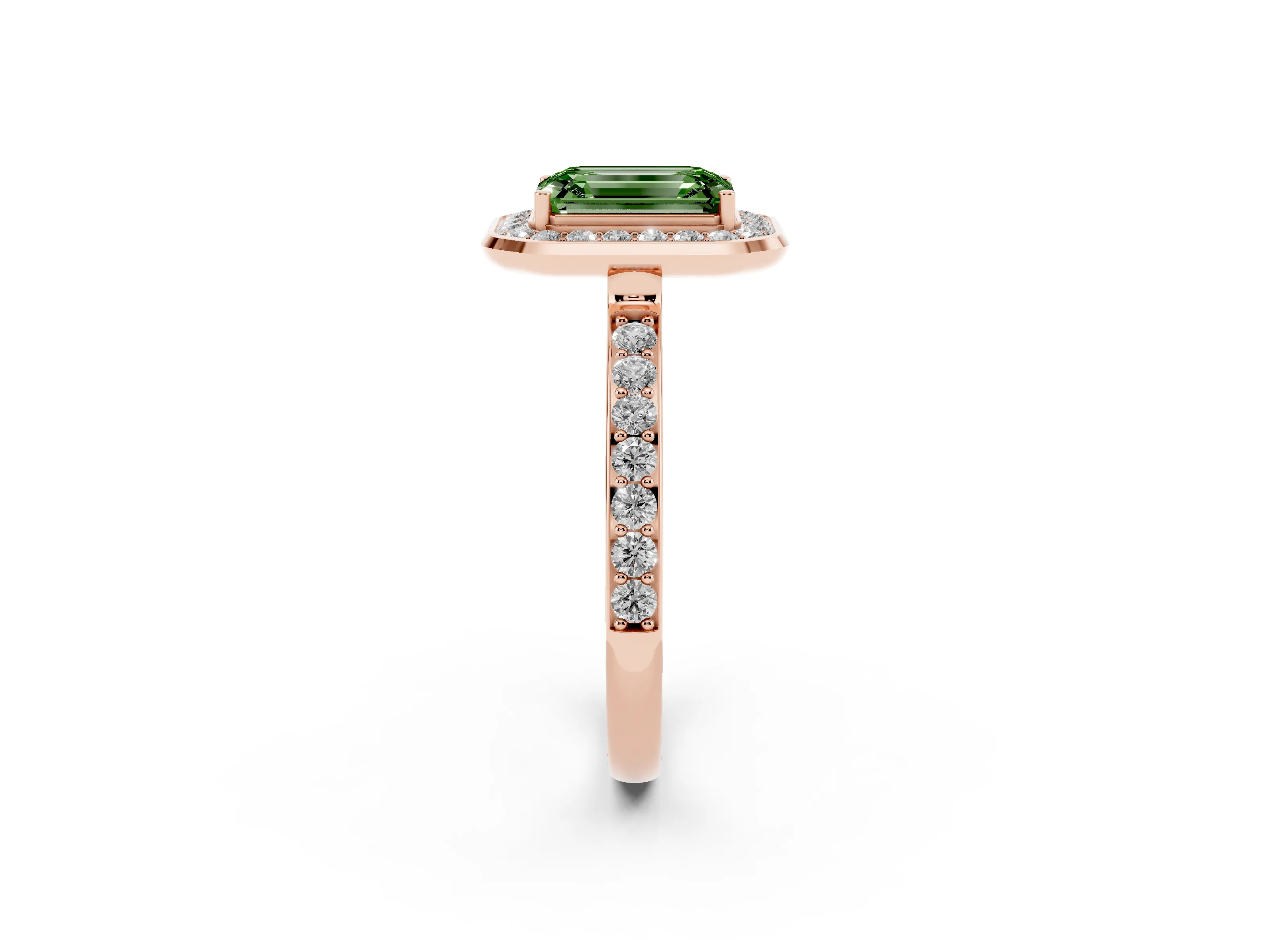 Fancy Green Emerald Cut Diamond Halo Ring Set in Rose gold with Bezel Frame and Pavé Band