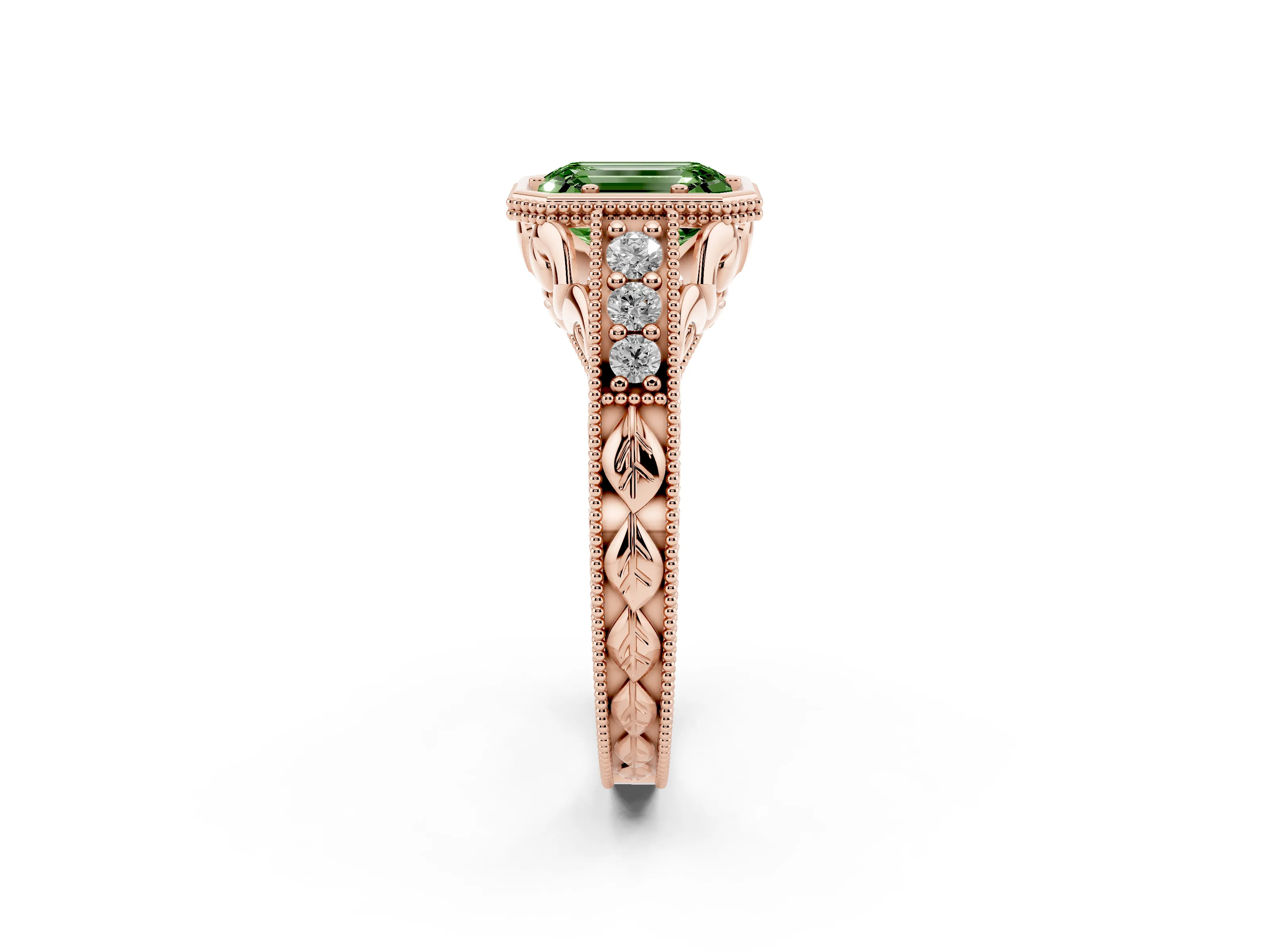 Fancy Green Bezel Set Emerald Cut Diamond Milgrain Pavé Engagement Ring Set in Rose gold