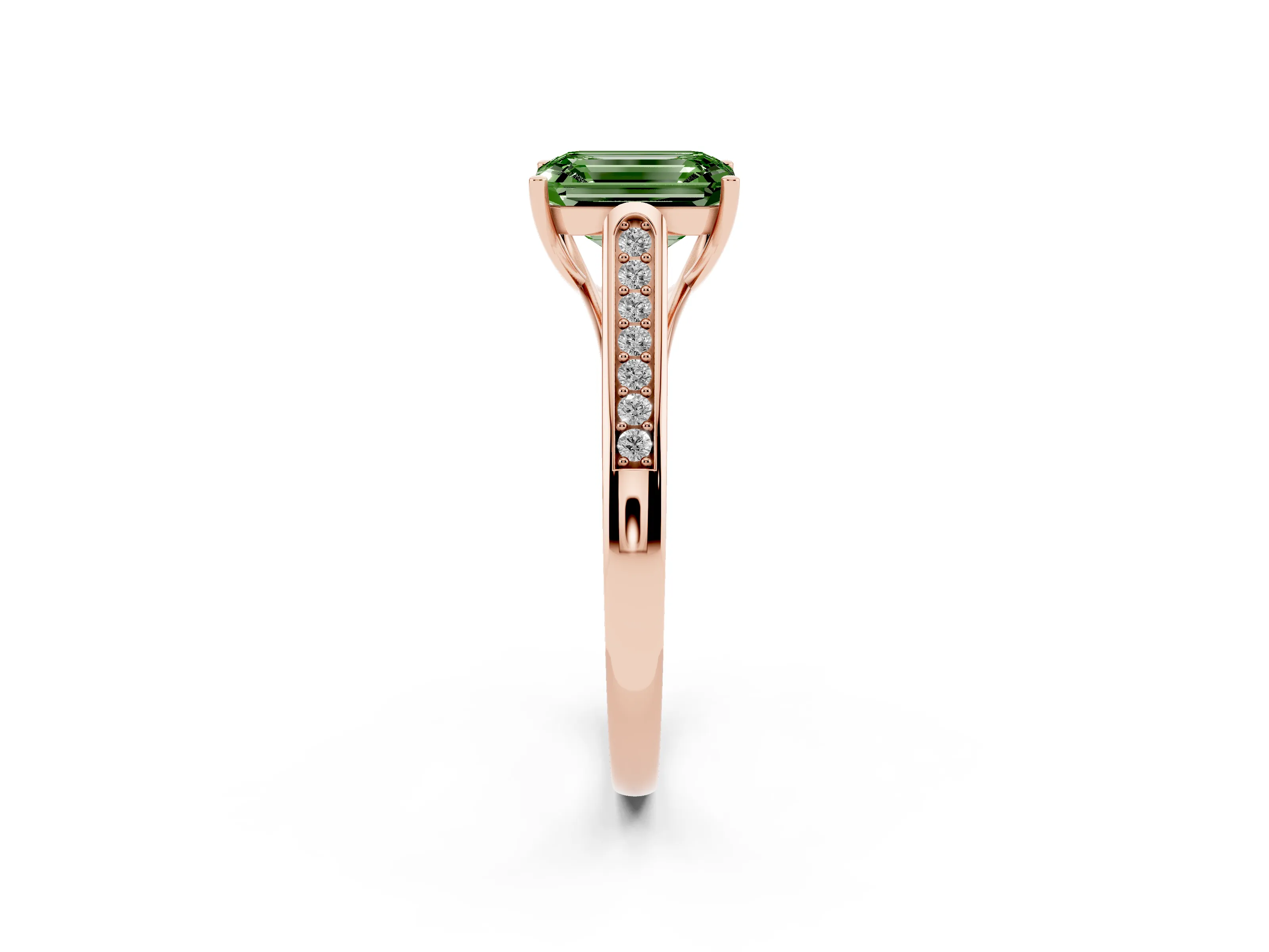 Fancy Green Emerald Cut Diamond Solitaire Cathedral Engagement Ring Set in Rose gold with Channel-Set Band and Prong Setting