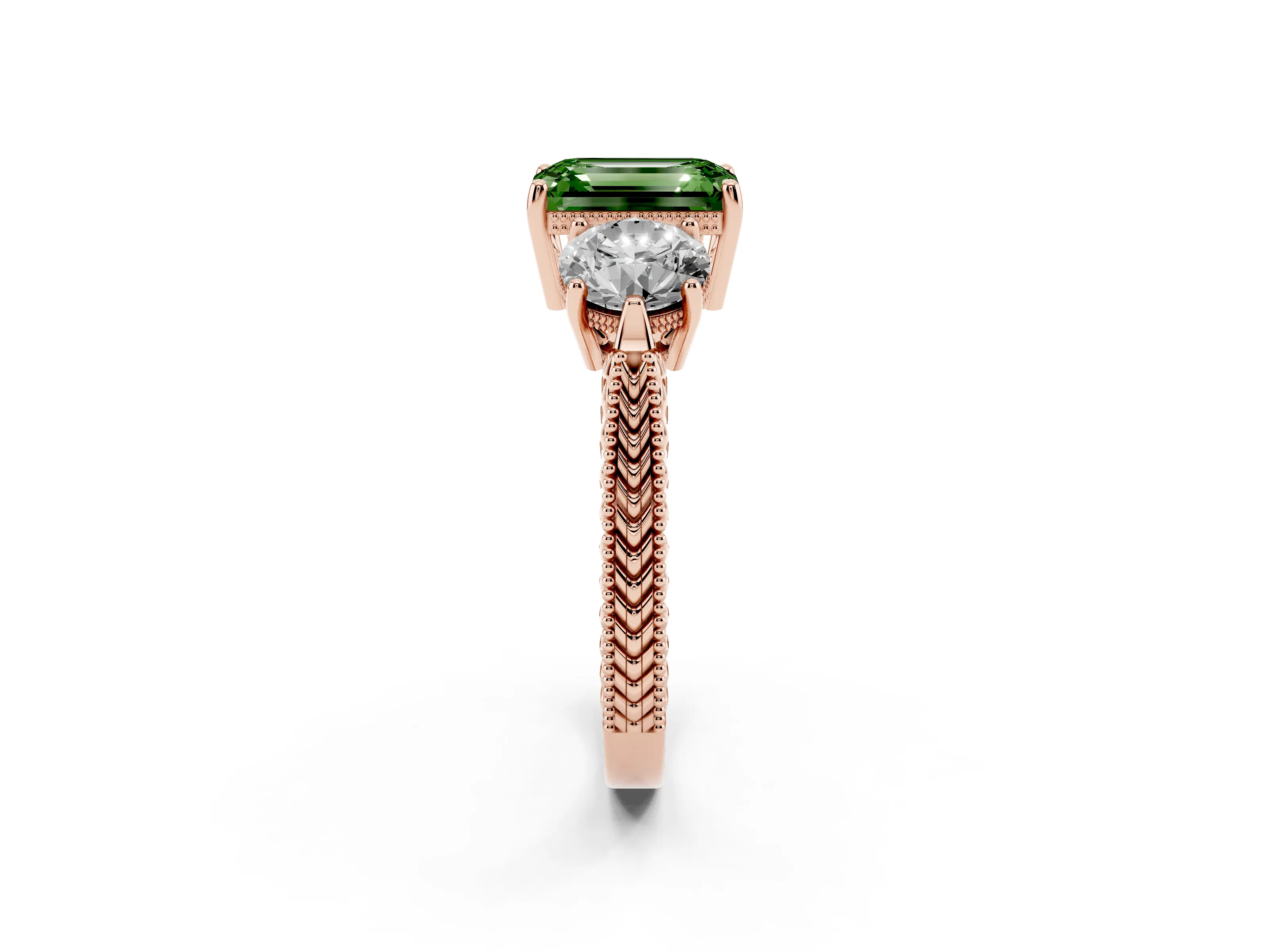Fancy Green Emerald Cut Diamond Three-Stone Ring Set in Rose gold with Milgrain Band