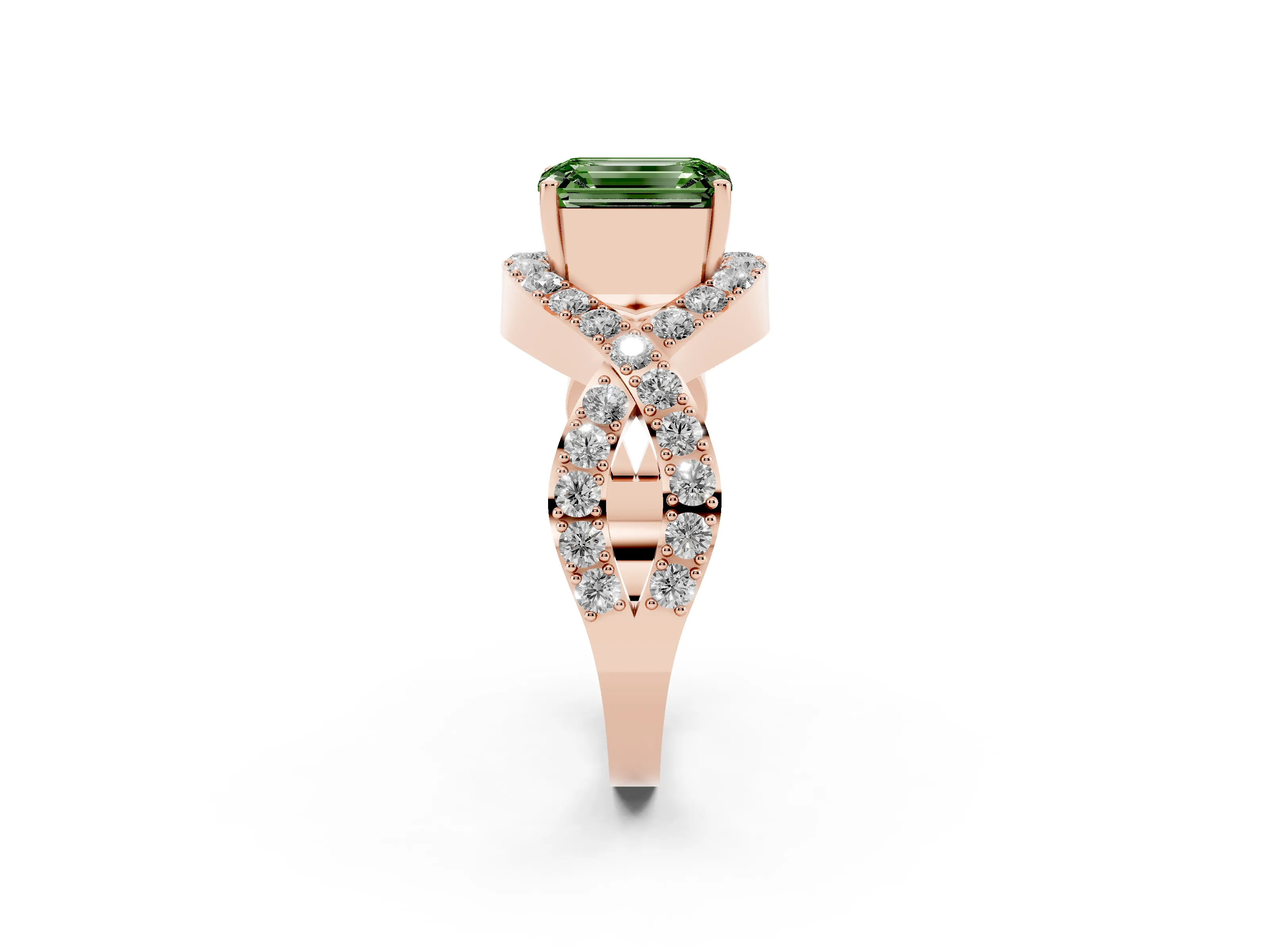 Fancy Green Emerald Cut Diamond Solitaire Twist Band Pavé Engagement Ring Set in Rose gold