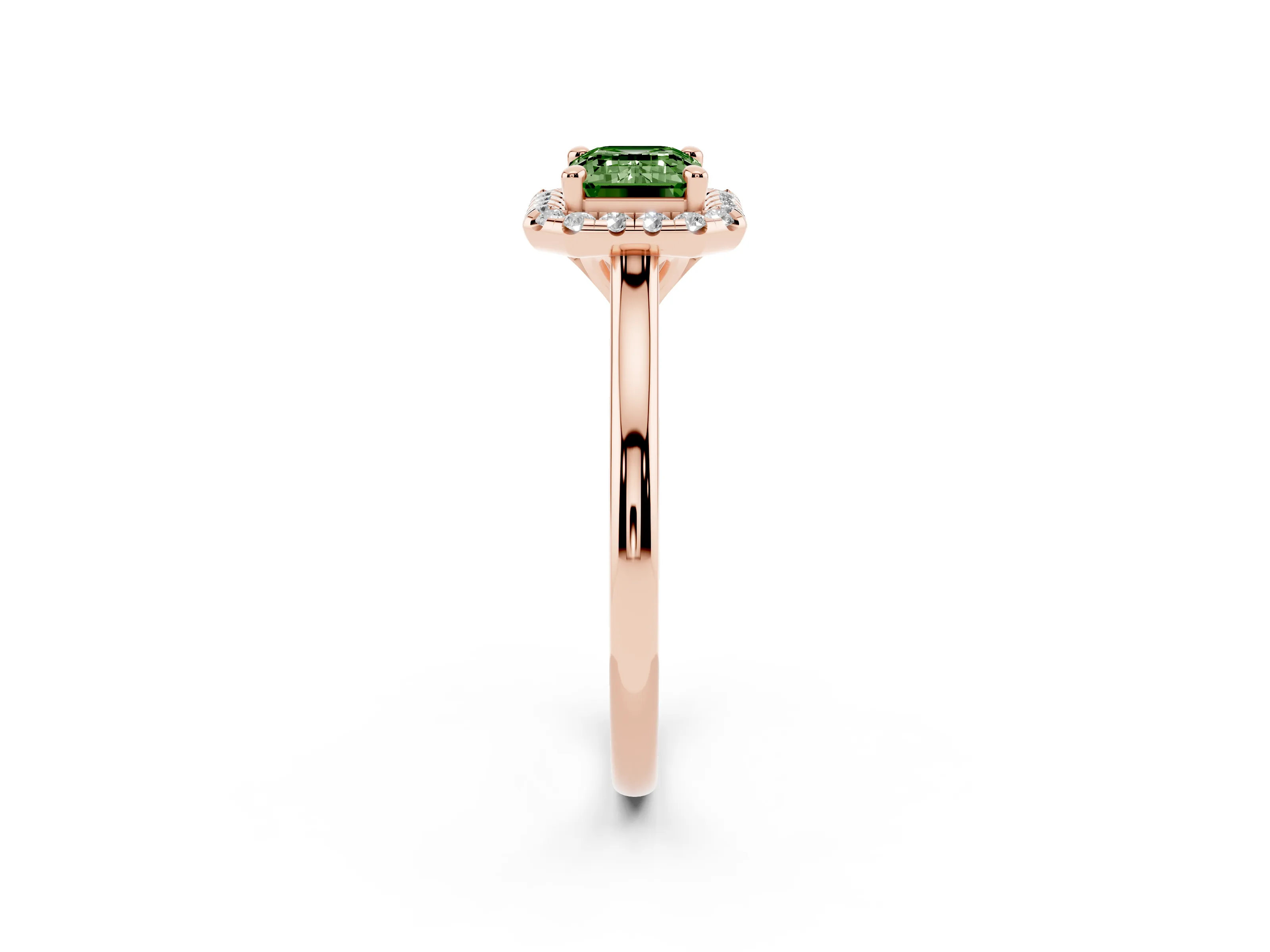 Fancy Green Emerald Cut Diamond Halo Engagement Ring Set in Rose gold with Pavé Band and Rising Shoulders