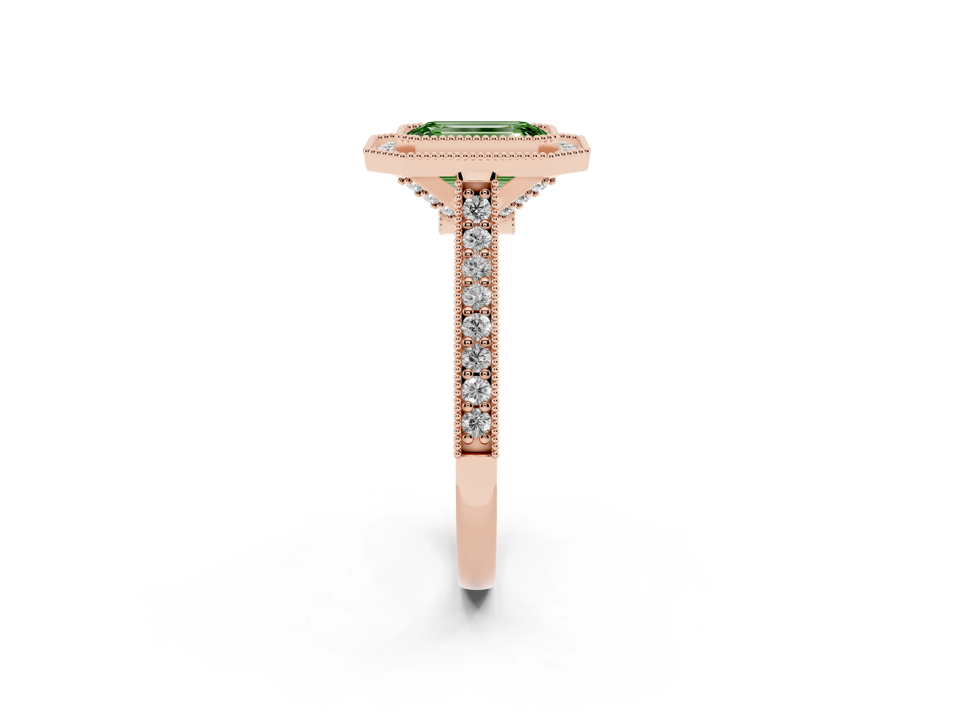 Fancy Green Emerald Cut Diamond Halo Milgrain Pavé Band Ring Set in Rose gold with Prong Setting