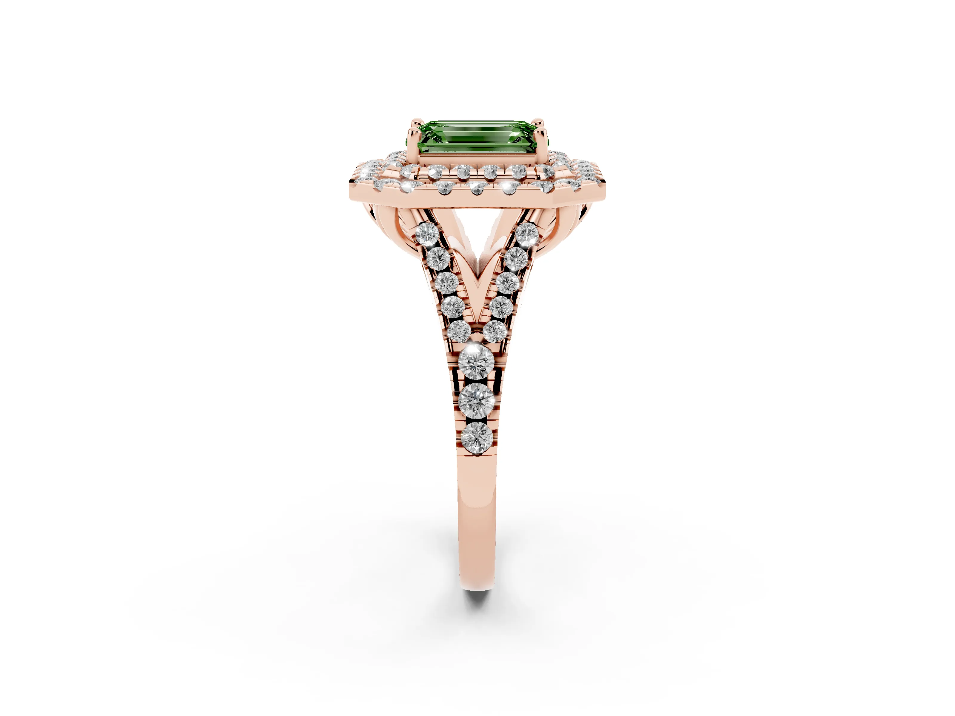 Fancy Green Emerald Cut Diamond Double Halo Ring Set in Rose gold with Pavé Split Shank and Prong Setting