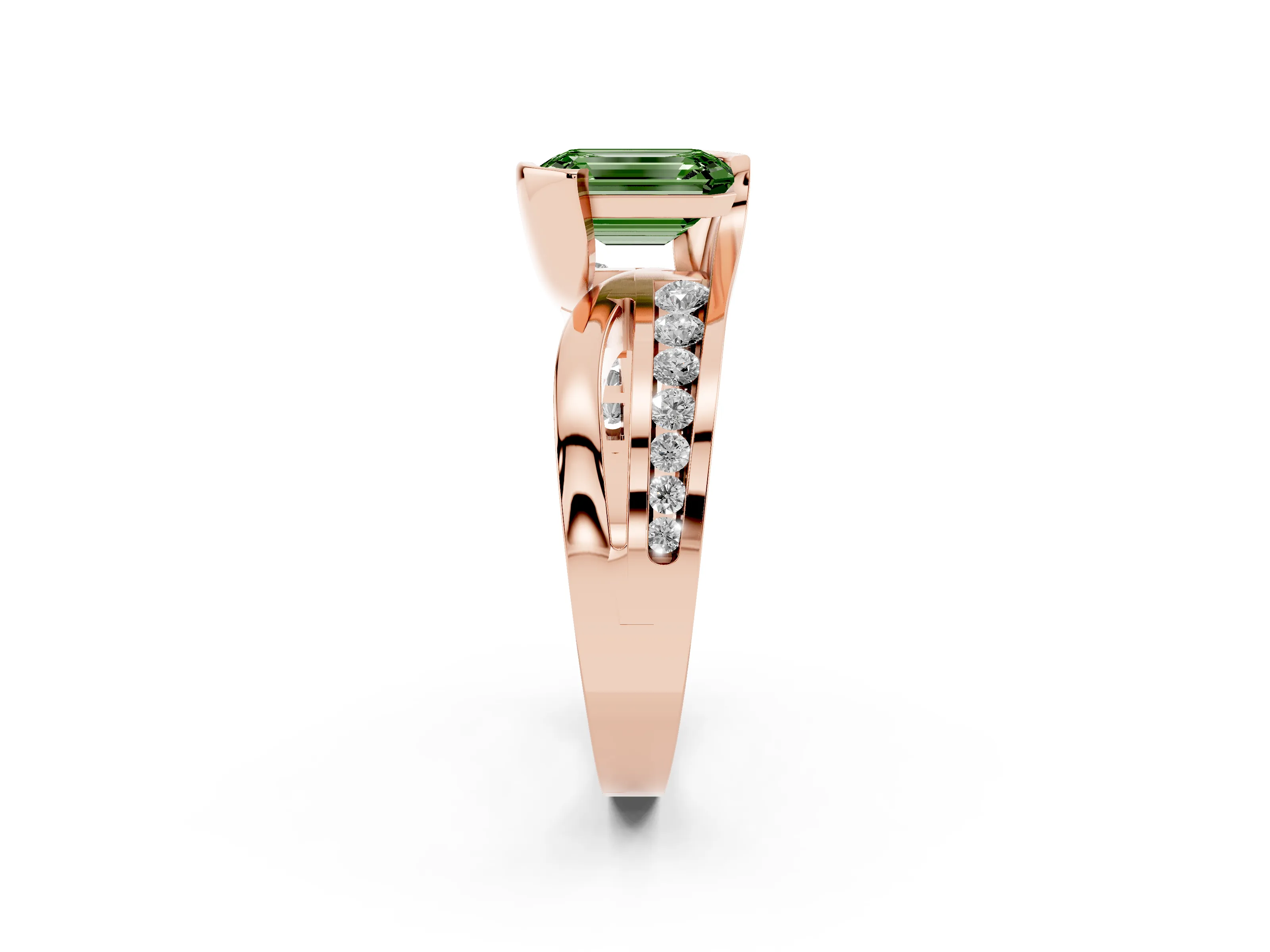 Fancy Green Emerald Cut Diamond Solitaire Ring Set in Rose gold with Channel Set Split Shank and Tension Prongs