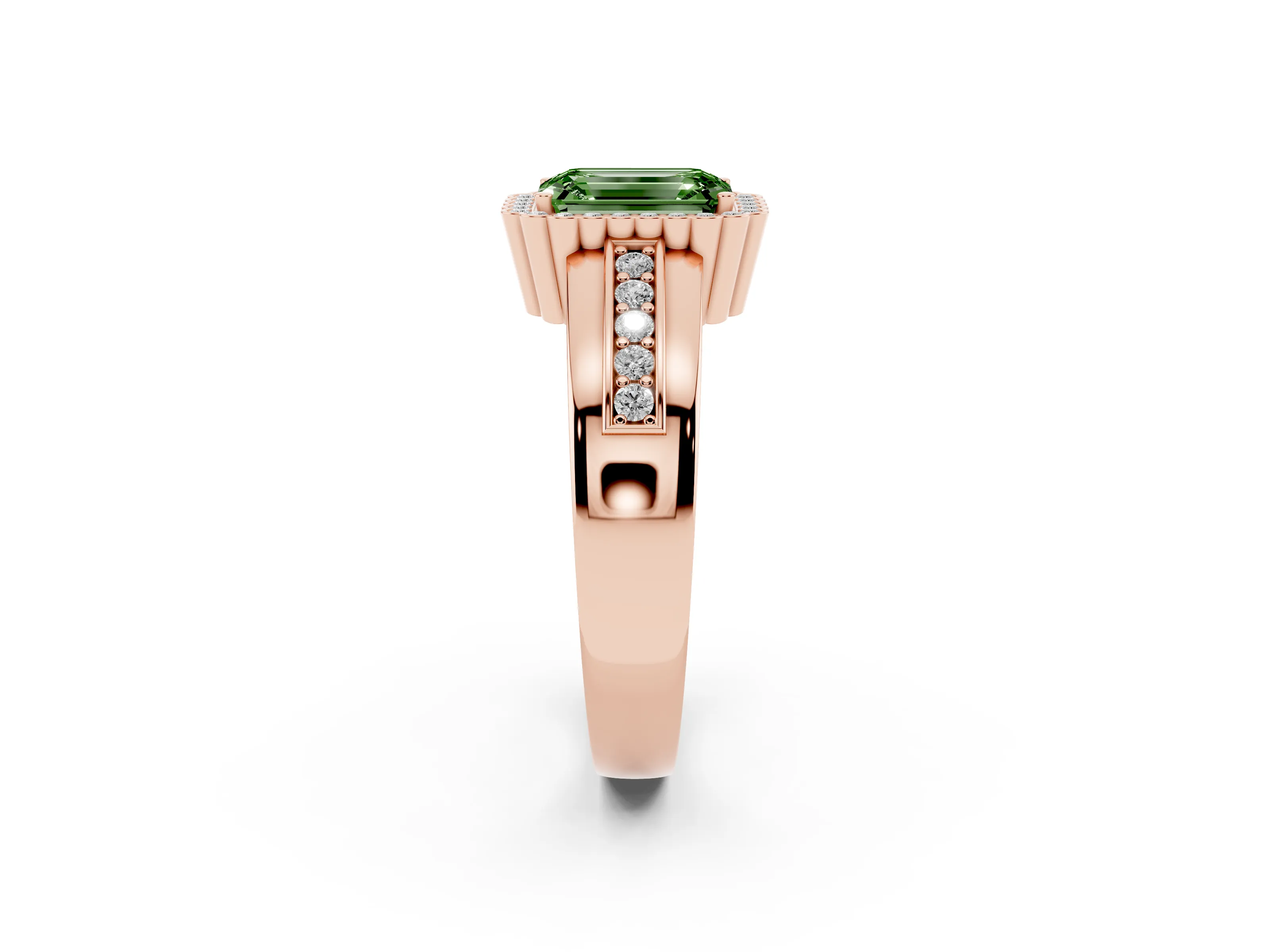 Fancy Green Emerald Cut Diamond Halo Prong Ring Set in Rose gold with Pavé Band