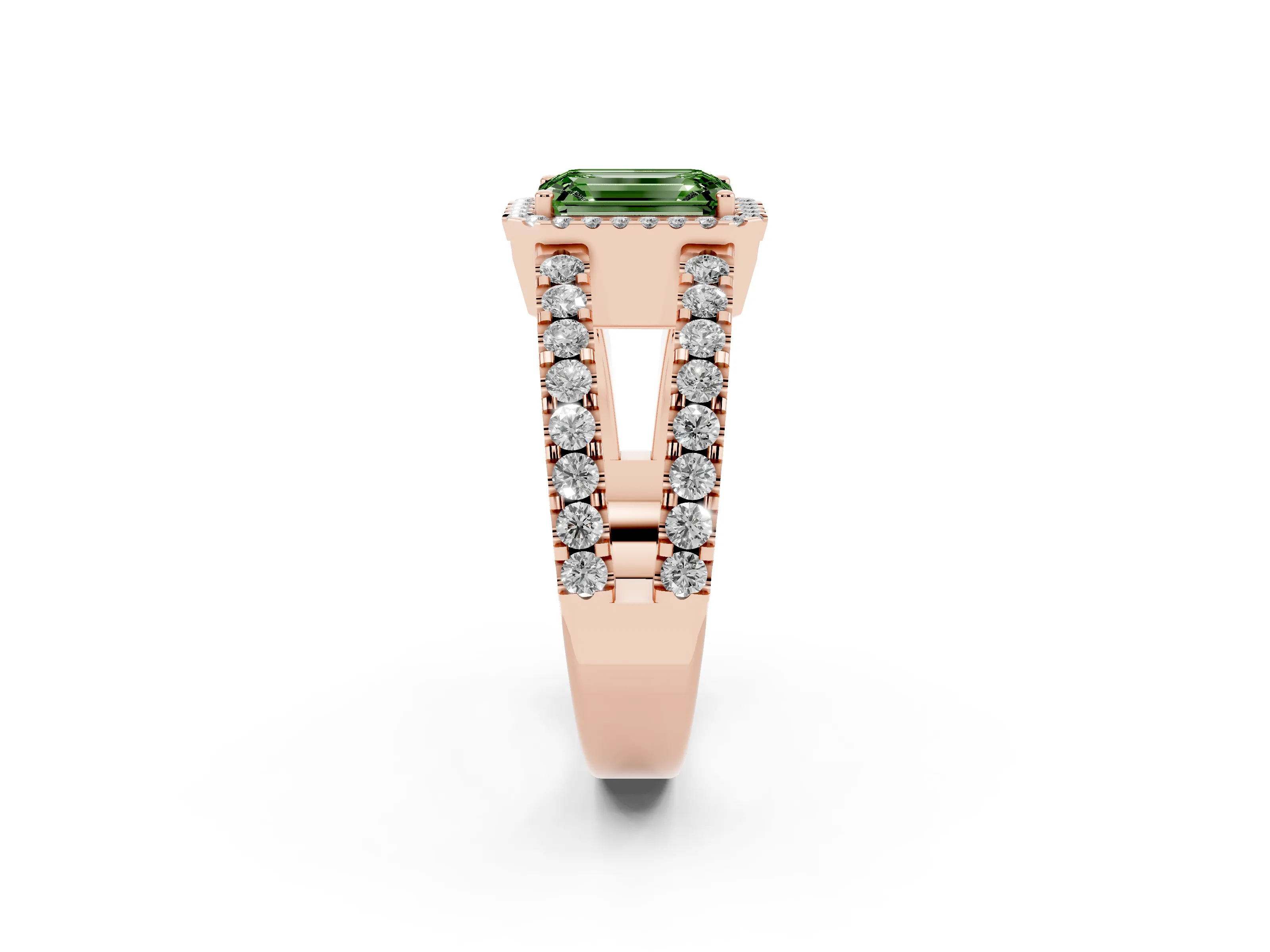Fancy Green Emerald Cut Diamond Halo Ring Set in Rose gold with Pavé Split Shank and Prong Setting