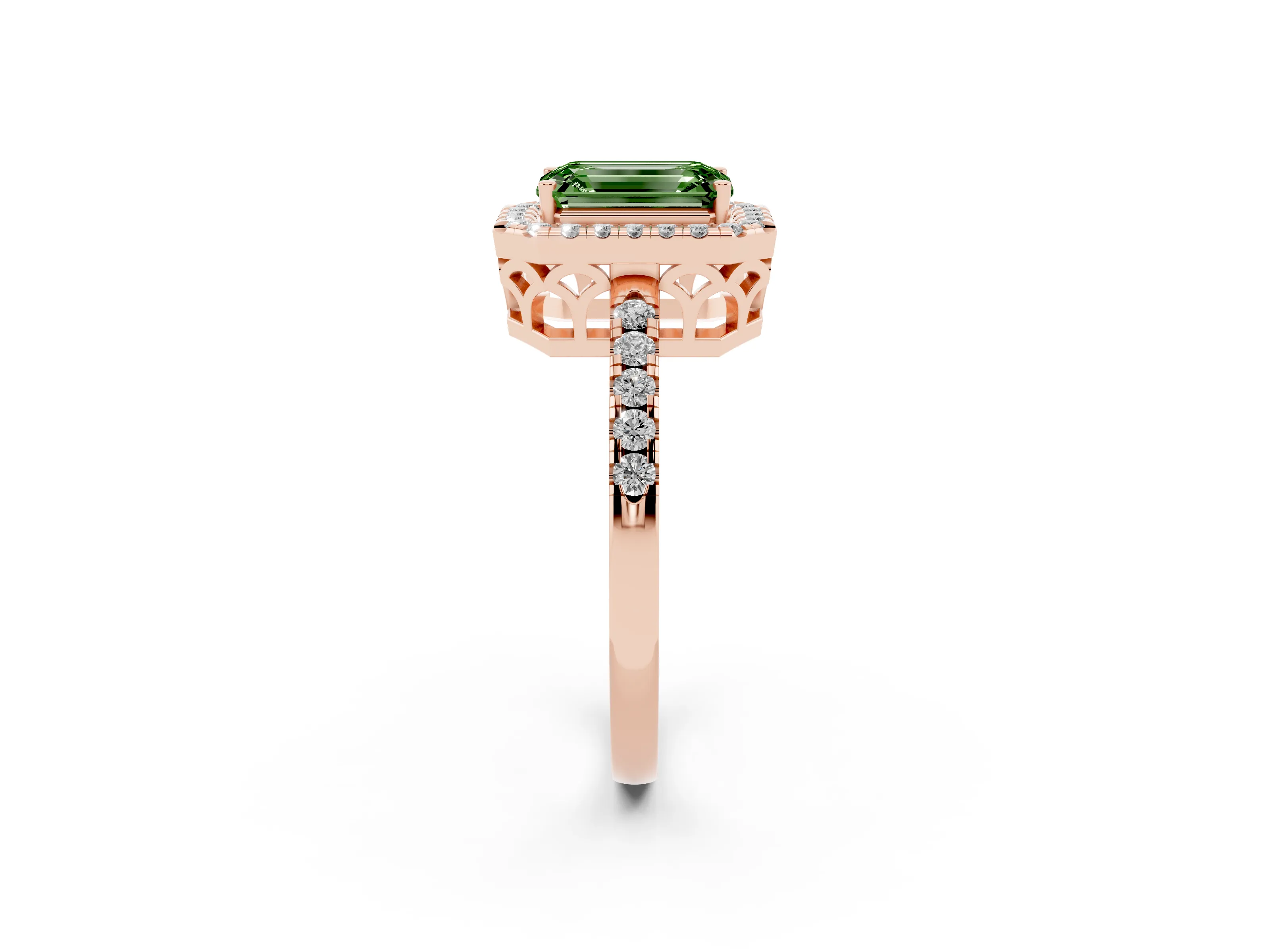 Fancy Green Emerald Cut Diamond Pavé Band Halo Engagement Ring Set in Rose gold with Prong Setting