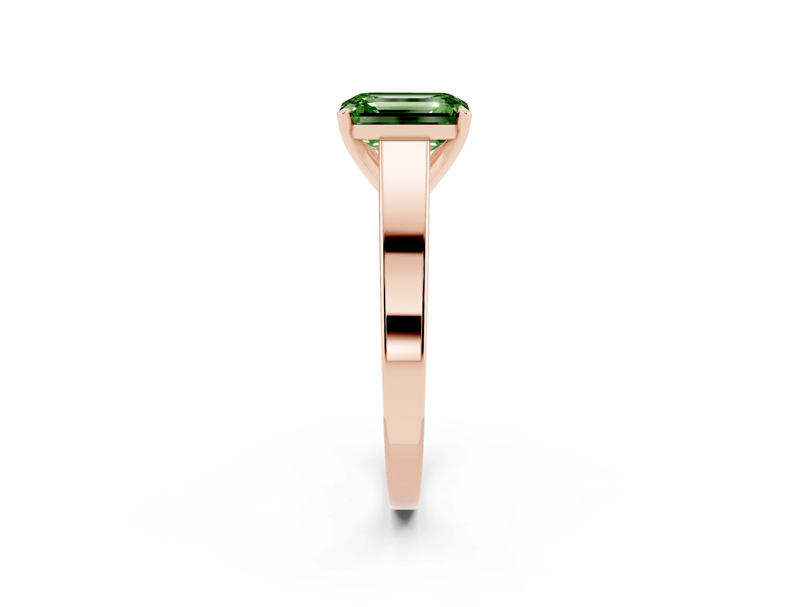 Fancy Green Emerald Cut Diamond Solitaire Engagement Ring Set in Rose gold with Prong Setting and Tapered Band