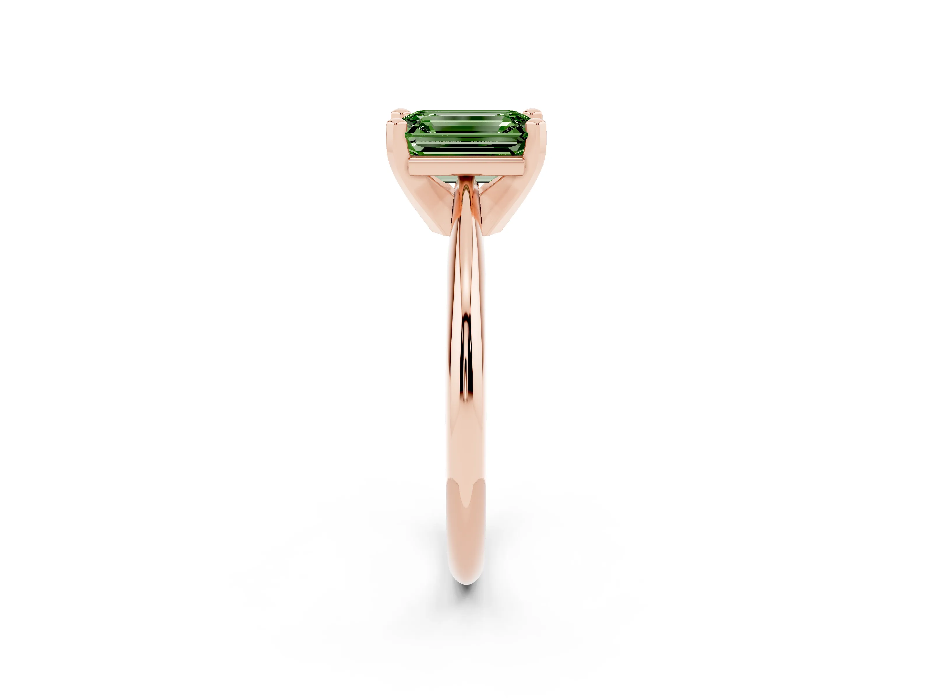 Fancy Green Emerald Cut Diamond Solitaire Ring Set in Rose gold with Prong Setting on a Plain Round Band