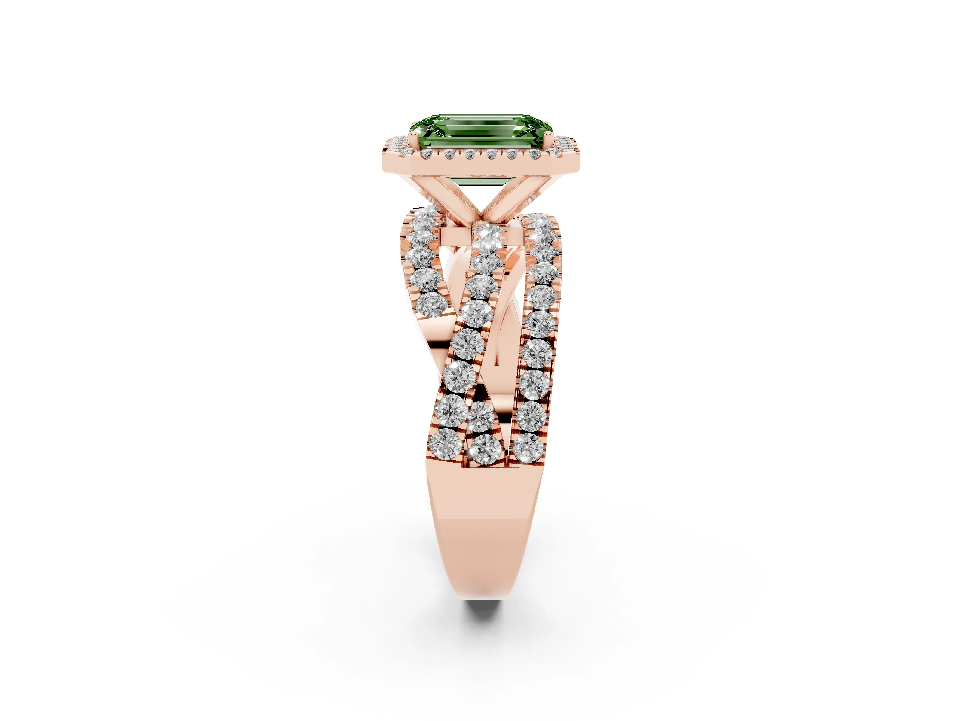 Fancy Green Emerald Cut Diamond Halo Ring Set in Rose gold with Round Crossover Split Shank and Prong Setting