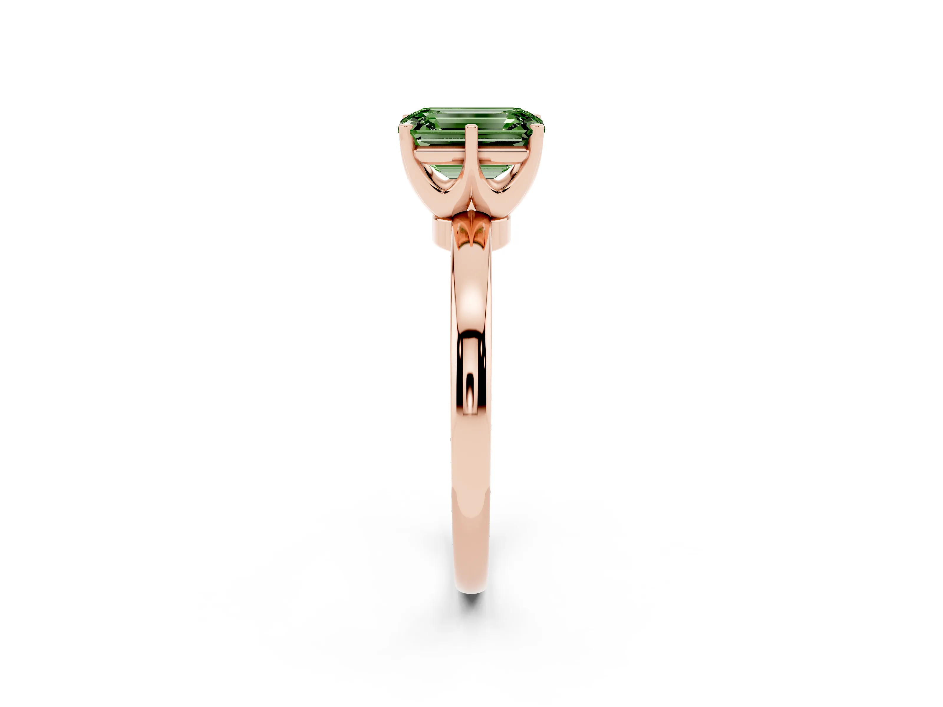Fancy Green Emerald Cut Diamond Solitaire Ring Set in Rose gold with Raised Prong Setting on a Classic Band