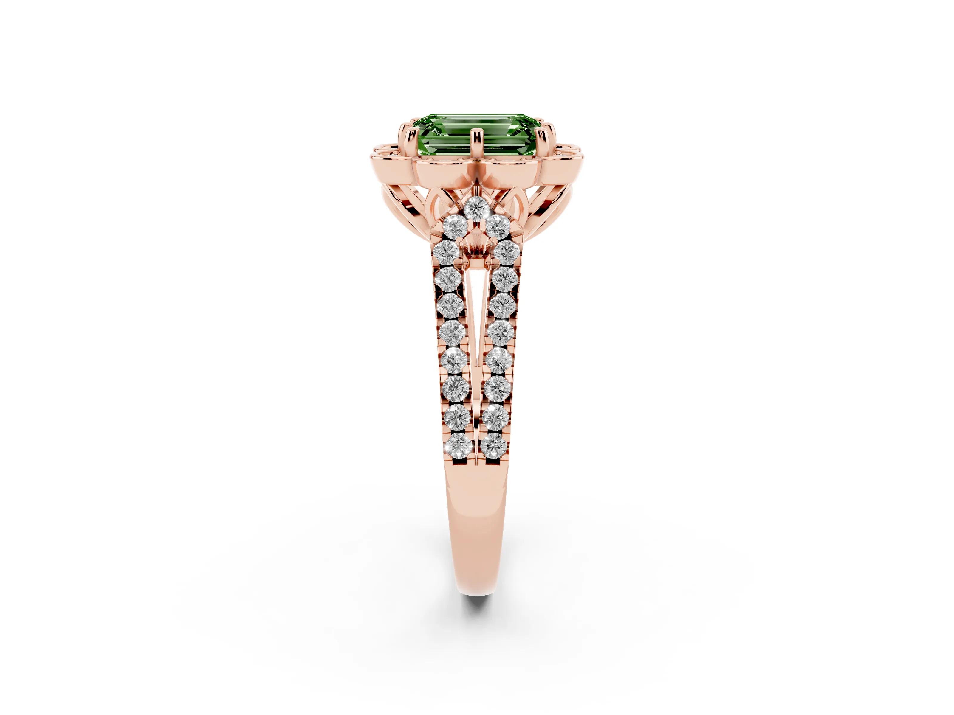 Fancy Green Emerald Cut Diamond Floral Halo Split Shank Engagement Ring Set in Rose gold with Pavé Shank