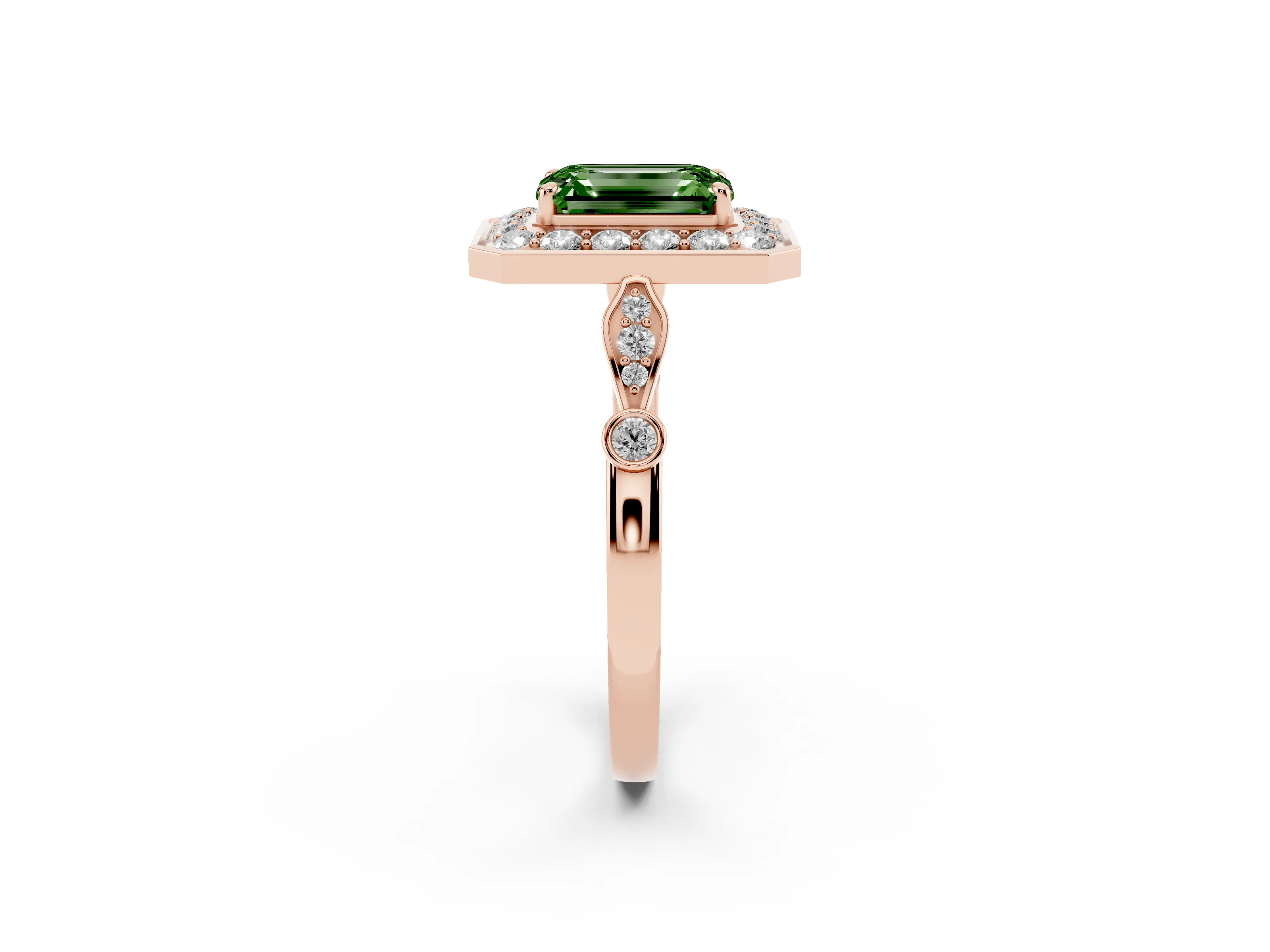 Fancy Green Emerald Cut Diamond Halo Engagement Ring Set in Rose gold with Twisted Band and Prong Setting