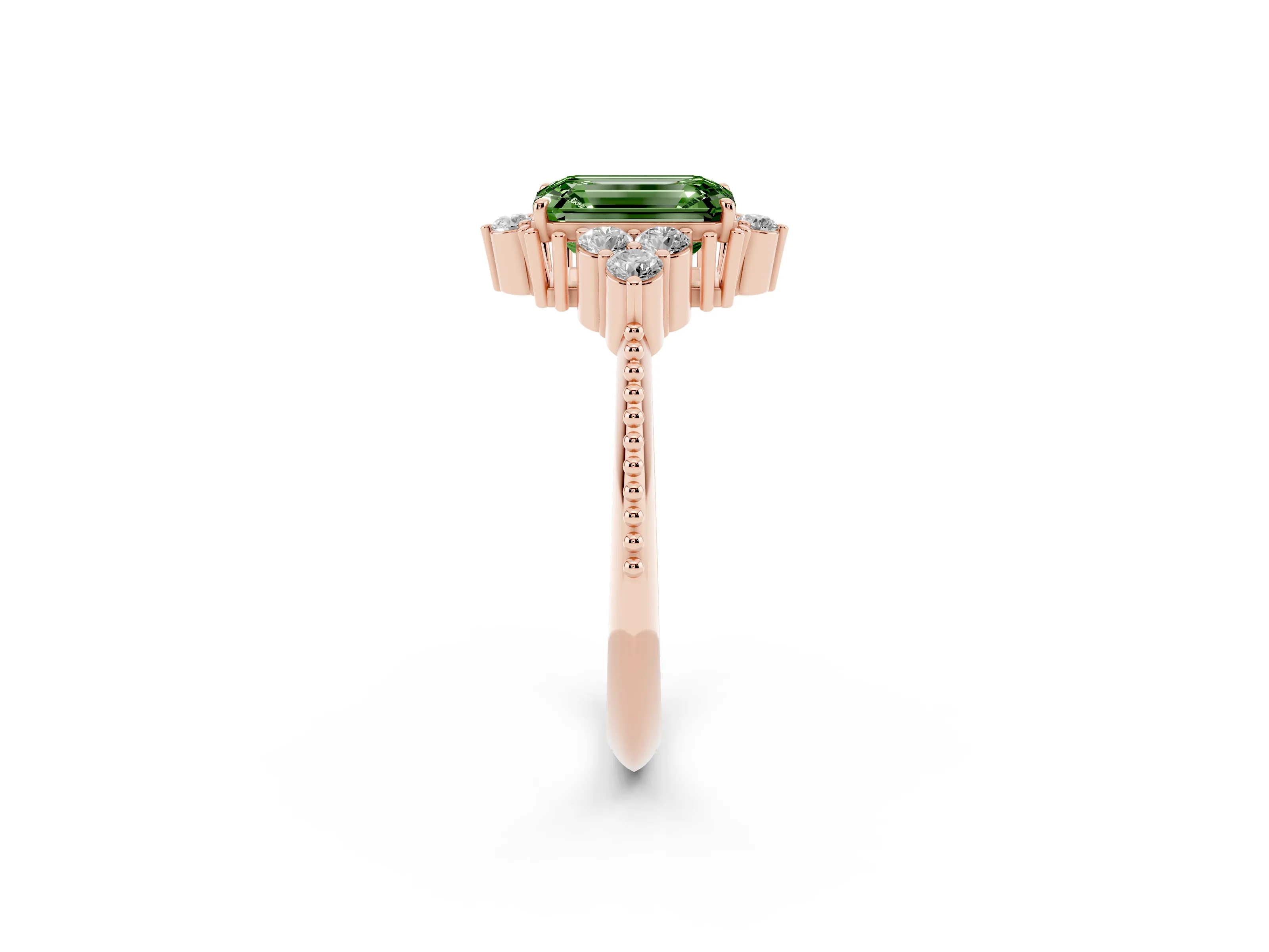 Fancy Green Emerald Cut Diamond Cluster Ring Set in Rose gold with Beaded Band
