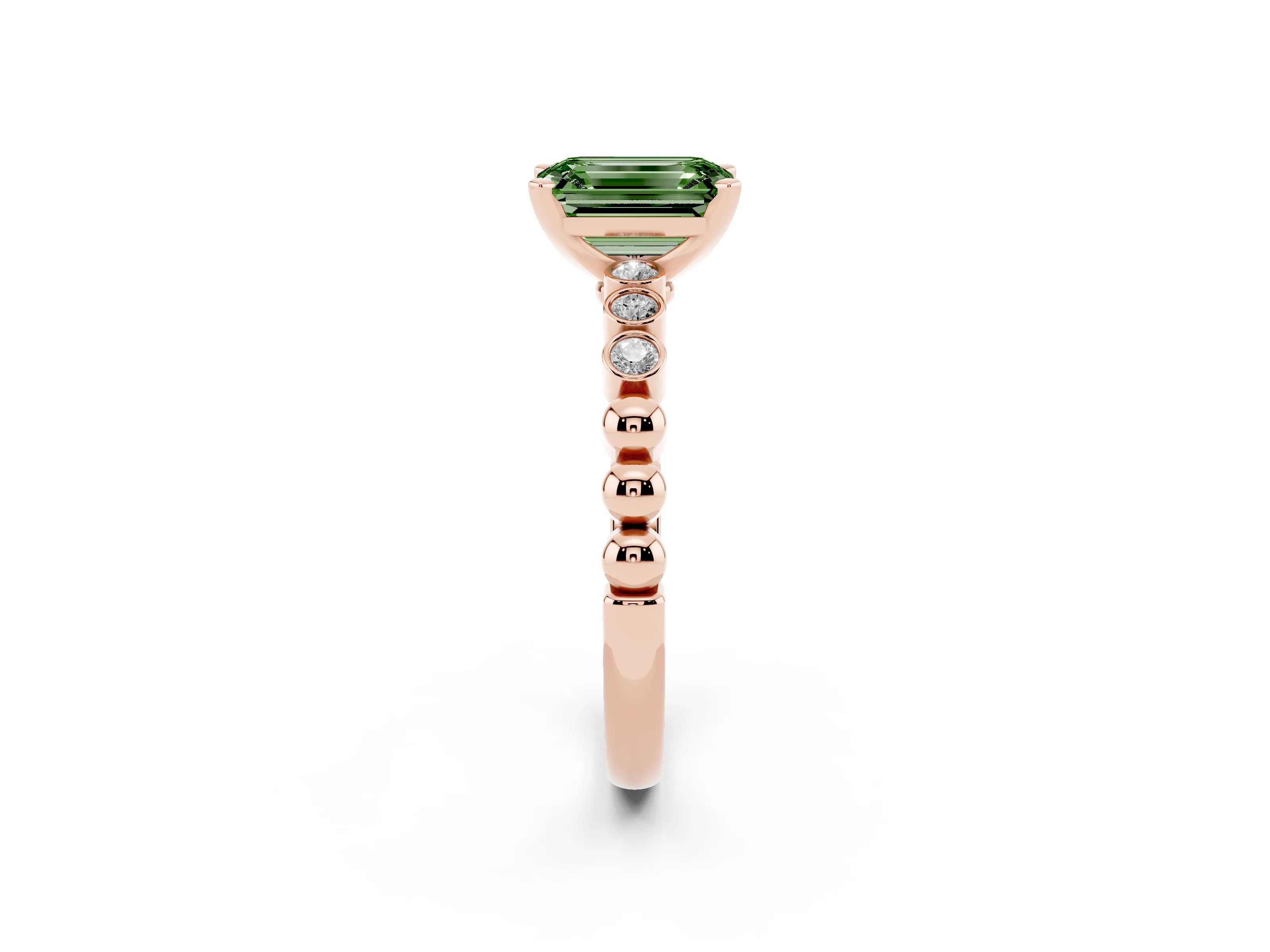 Fancy Green Emerald Cut Diamond Solitaire Engagement Ring Set in Rose gold with Bezel Accents on Beaded Band