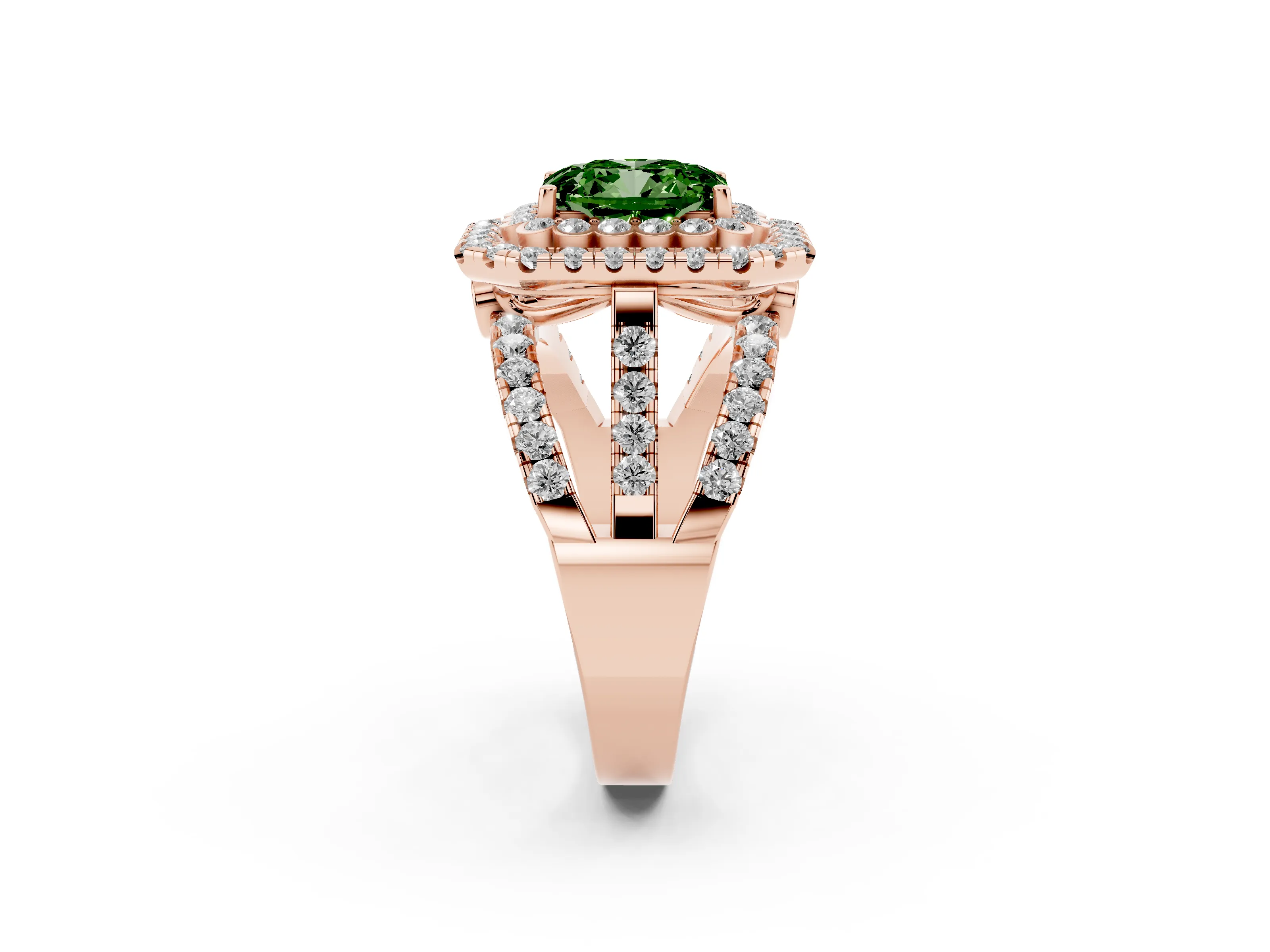 Fancy Green Emerald Cut Diamond Double Halo Ring Set in Rose gold with Round Pavé Split Shank