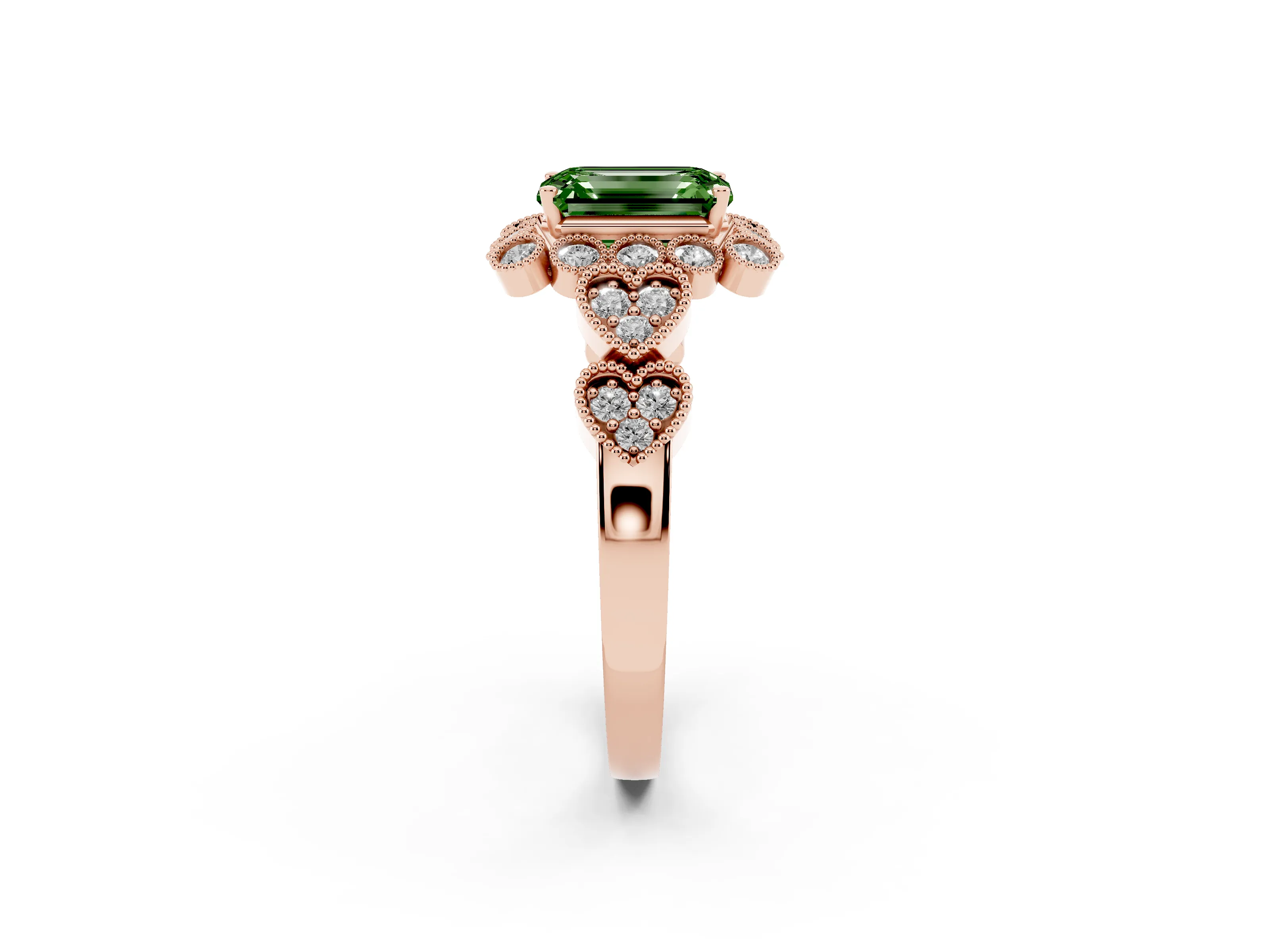 Fancy Green Emerald Cut Diamond Solitaire Ring Set in Rose gold with Milgrain Pavé Heart Band