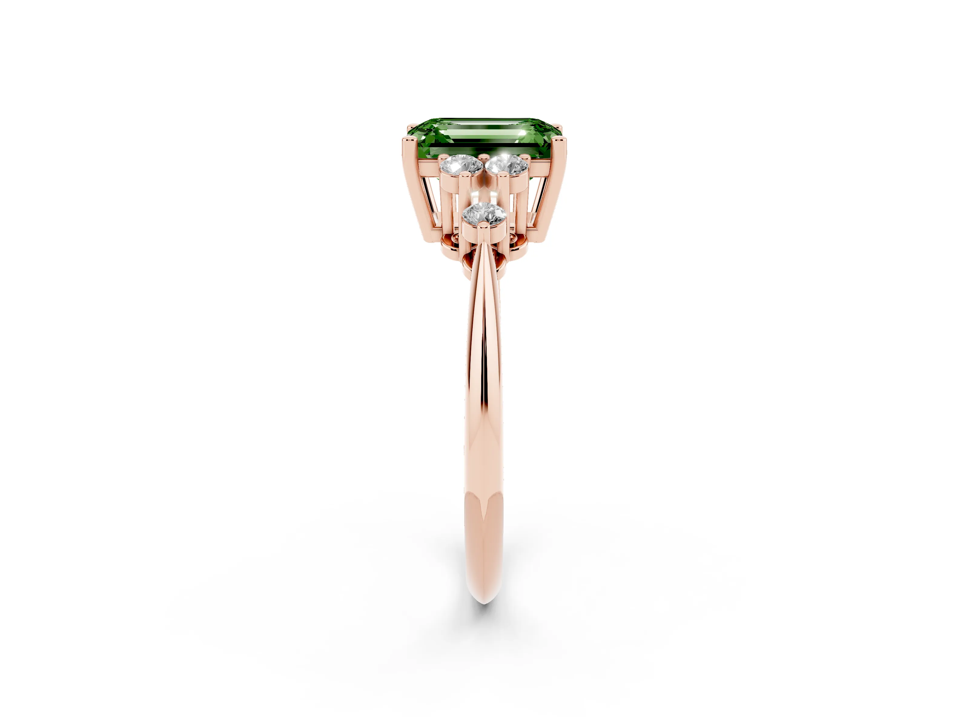 Fancy Green Emerald Cut Diamond Cluster Ring Set in Rose gold with Plain Band and Prong Setting