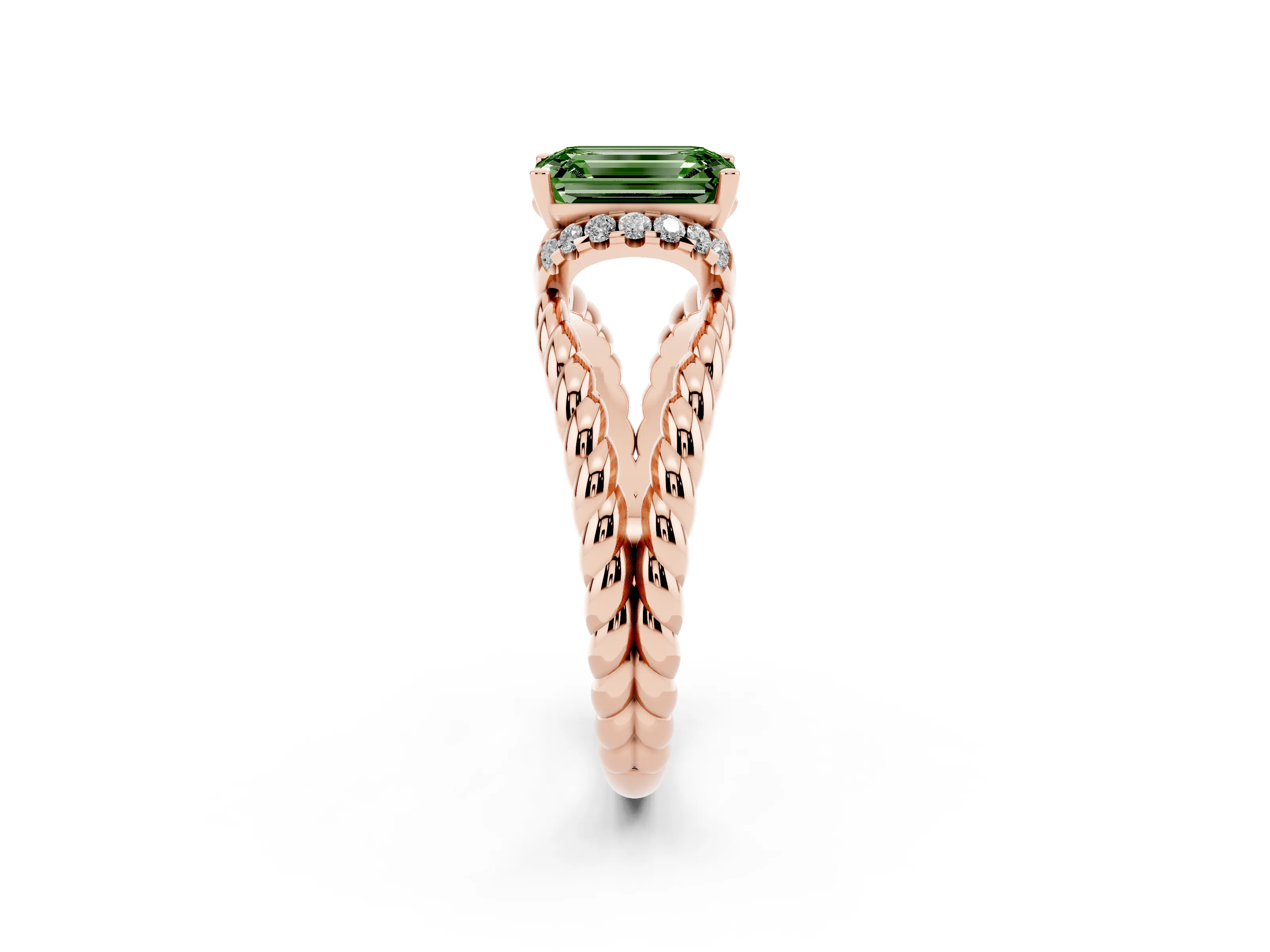 Fancy Green Emerald Cut Diamond Halo Ring Set in Rose gold with Twisted Band and Prong Setting