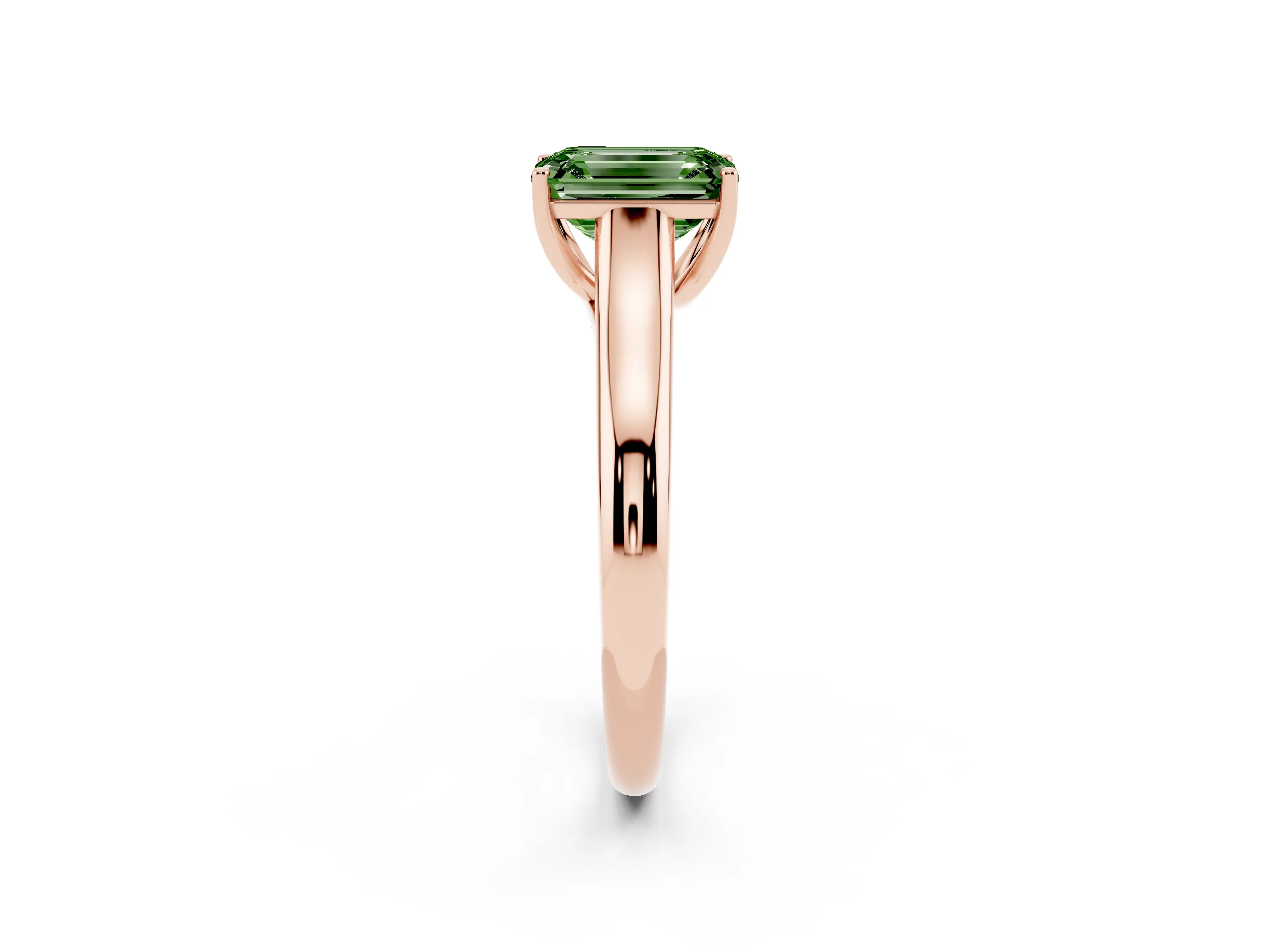 Fancy Green Emerald Cut Diamond Solitaire Engagement Ring Set in Rose gold with Subtly Tapered Band and Prong Setting