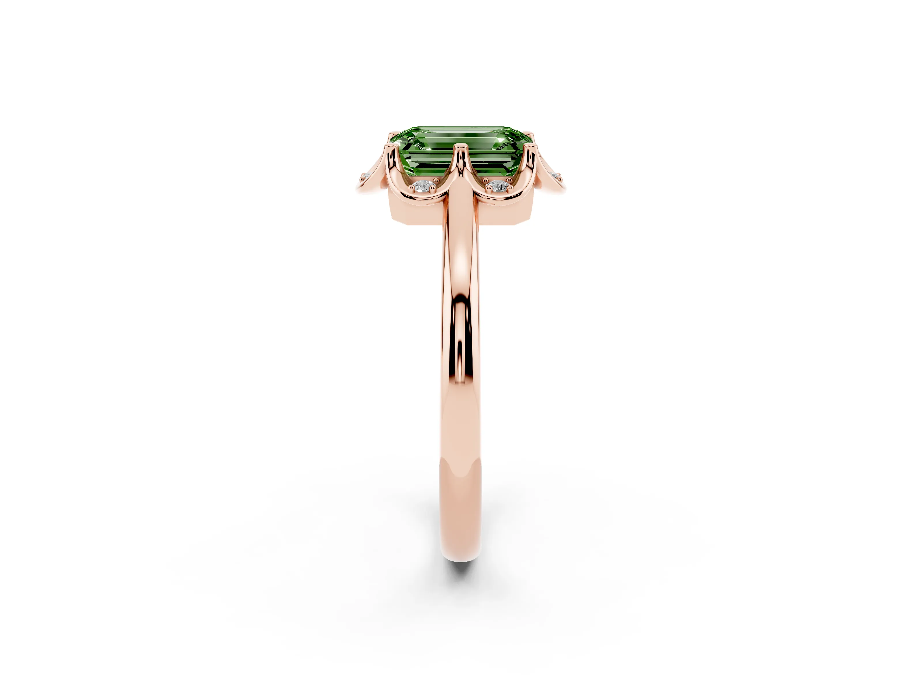 Fancy Green Emerald Cut Diamond Round Cluster Halo Ring Set in Rose gold with Solitaire Band and Prong Setting