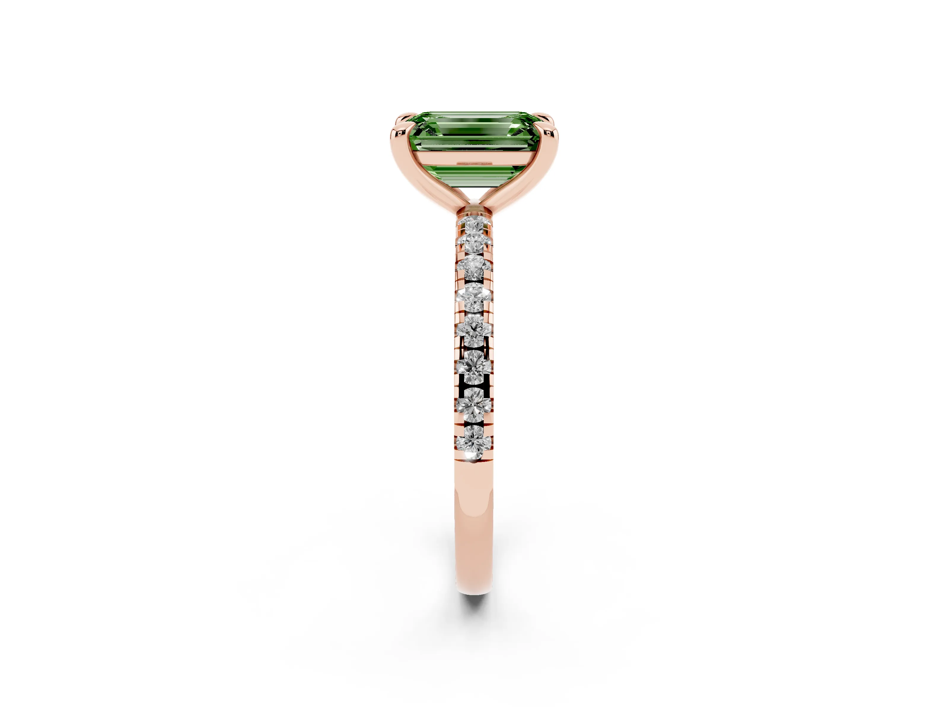 Fancy Green Emerald Cut Diamond Brilliant Solitaire Ring Set in Rose gold with Pavé Band and Prong Setting