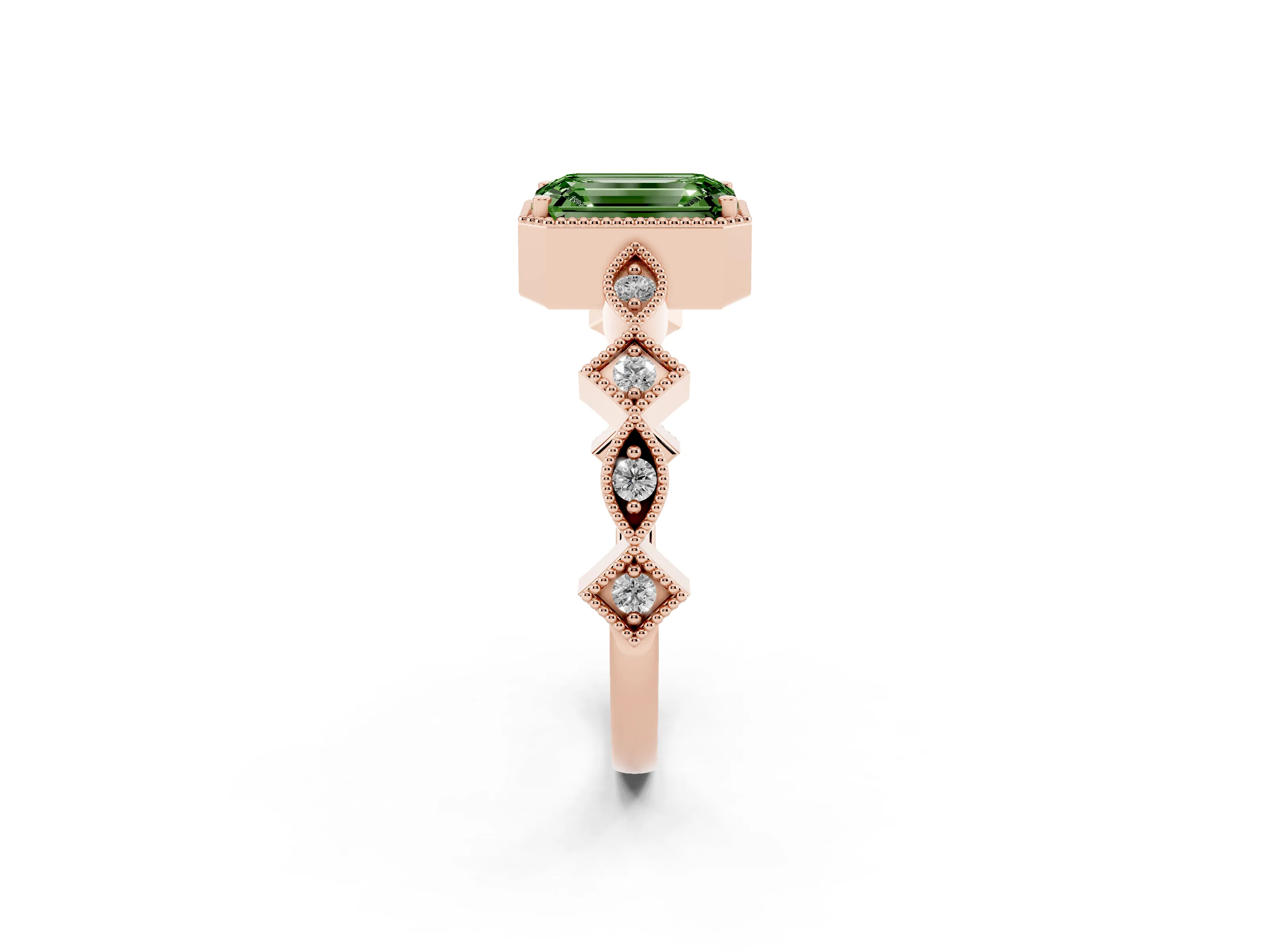 Fancy Green Emerald Cut Diamond Milgrain Marquise Twist Band Ring Set in Rose gold with Prong Setting