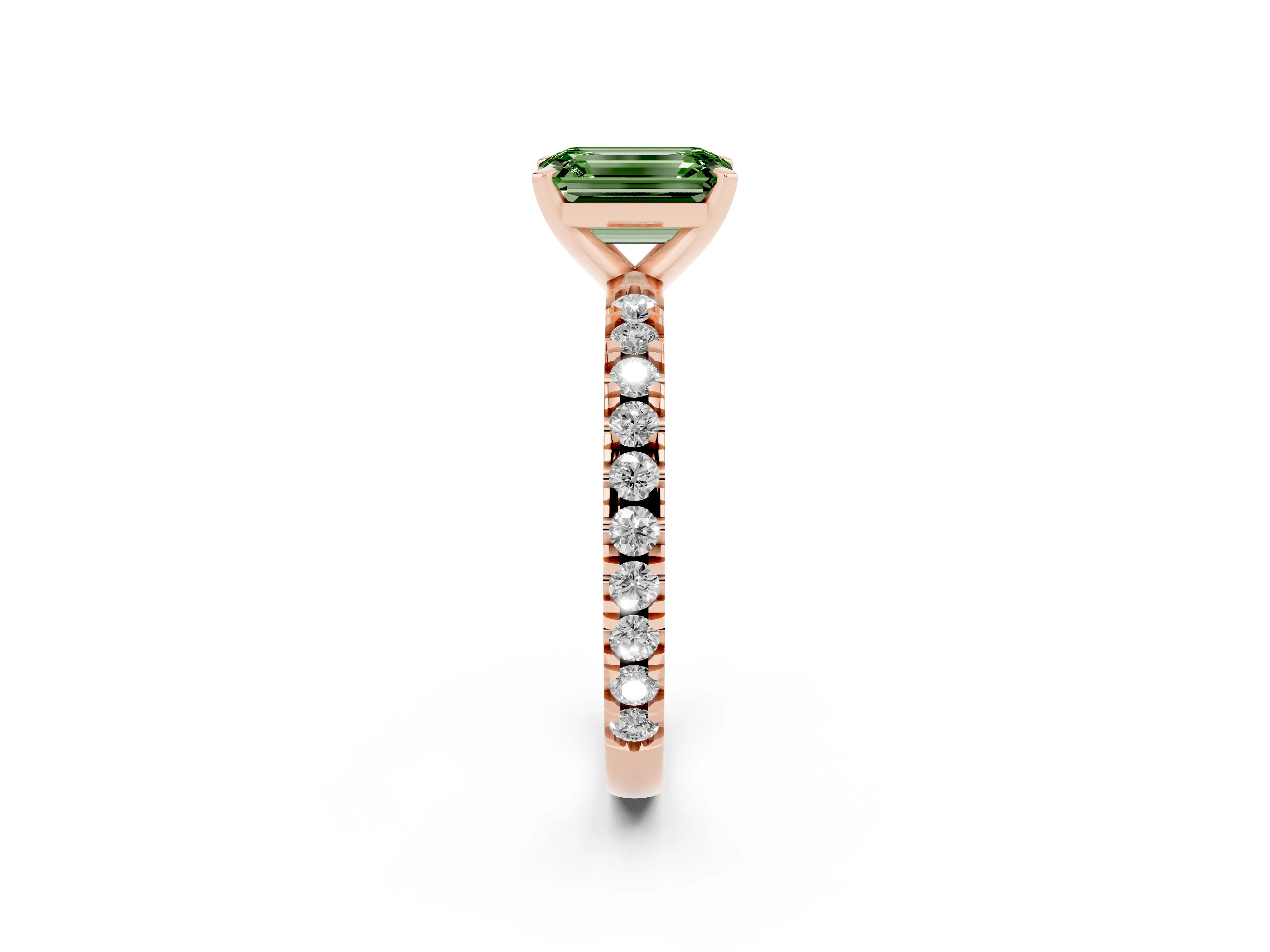 Fancy Green Emerald Cut Diamond Pavé Band Solitaire Set in Rose gold with Prong Setting