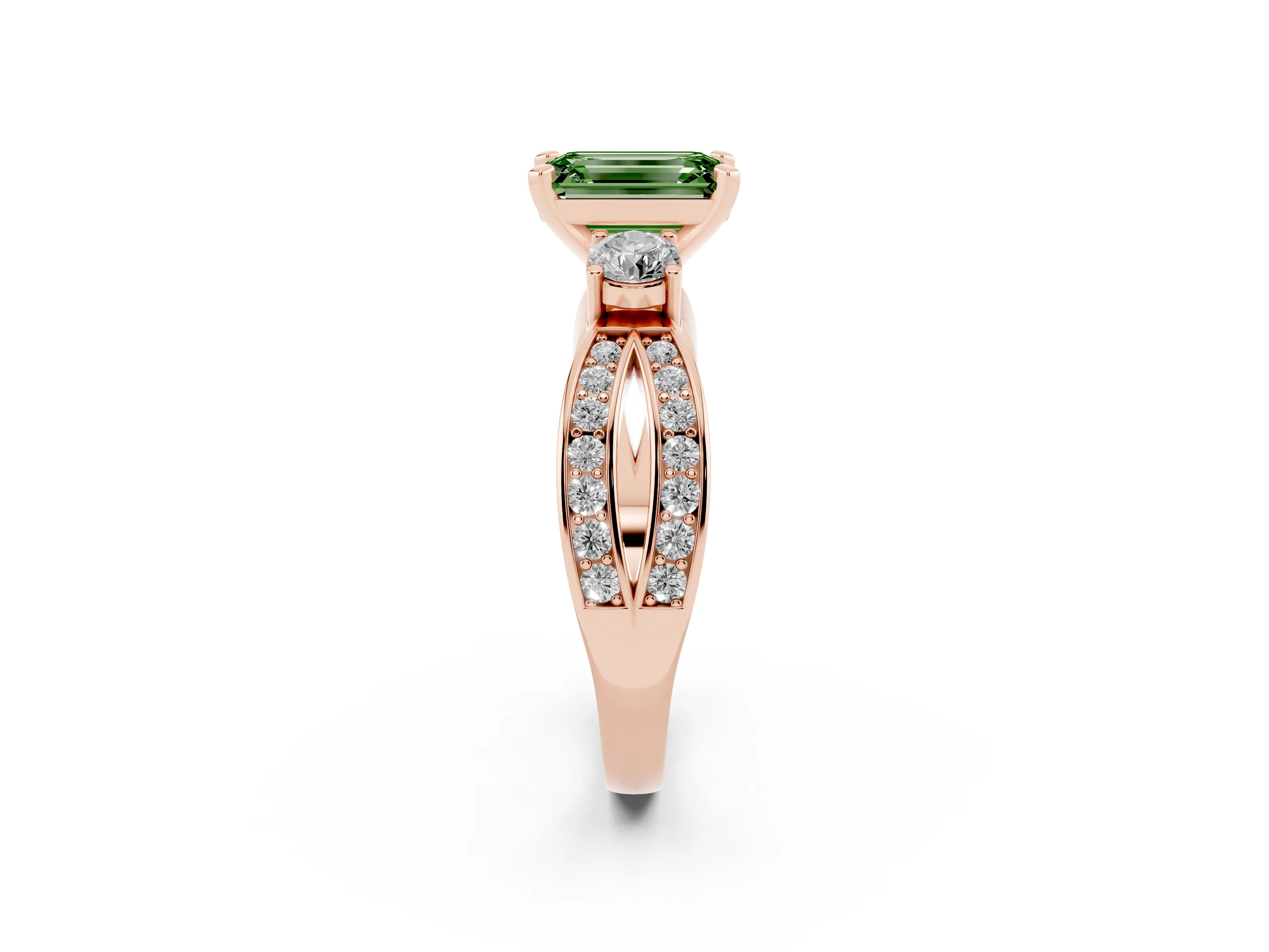 Fancy Green Three-Stone Emerald Cut Diamond Twist Band Ring Set in Rose gold with Pavé Accents and Prong Setting