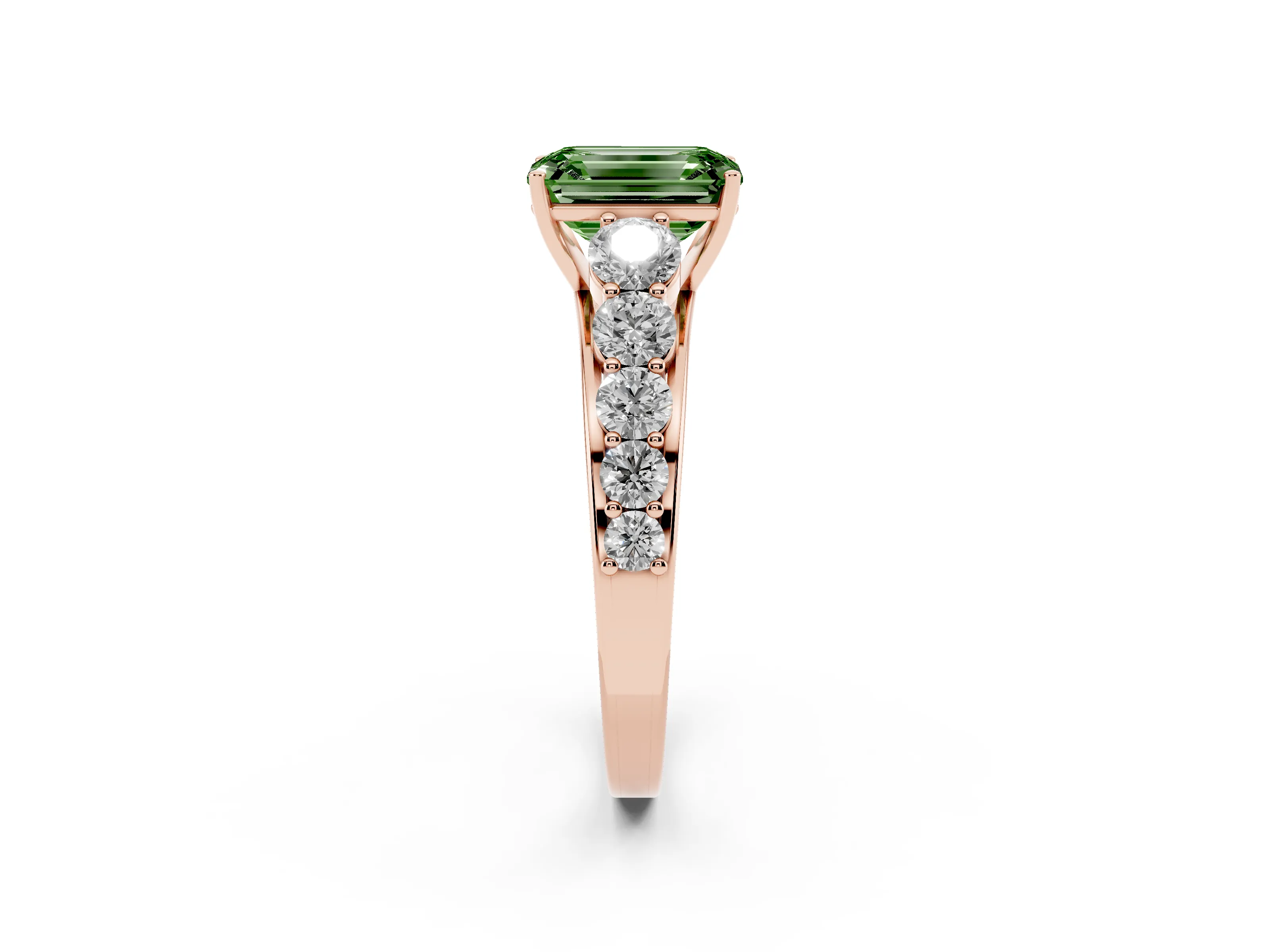 Fancy Green Emerald Cut Diamond Solitaire Ring Set in Rose gold with Pavé-Set Band and Prong Setting