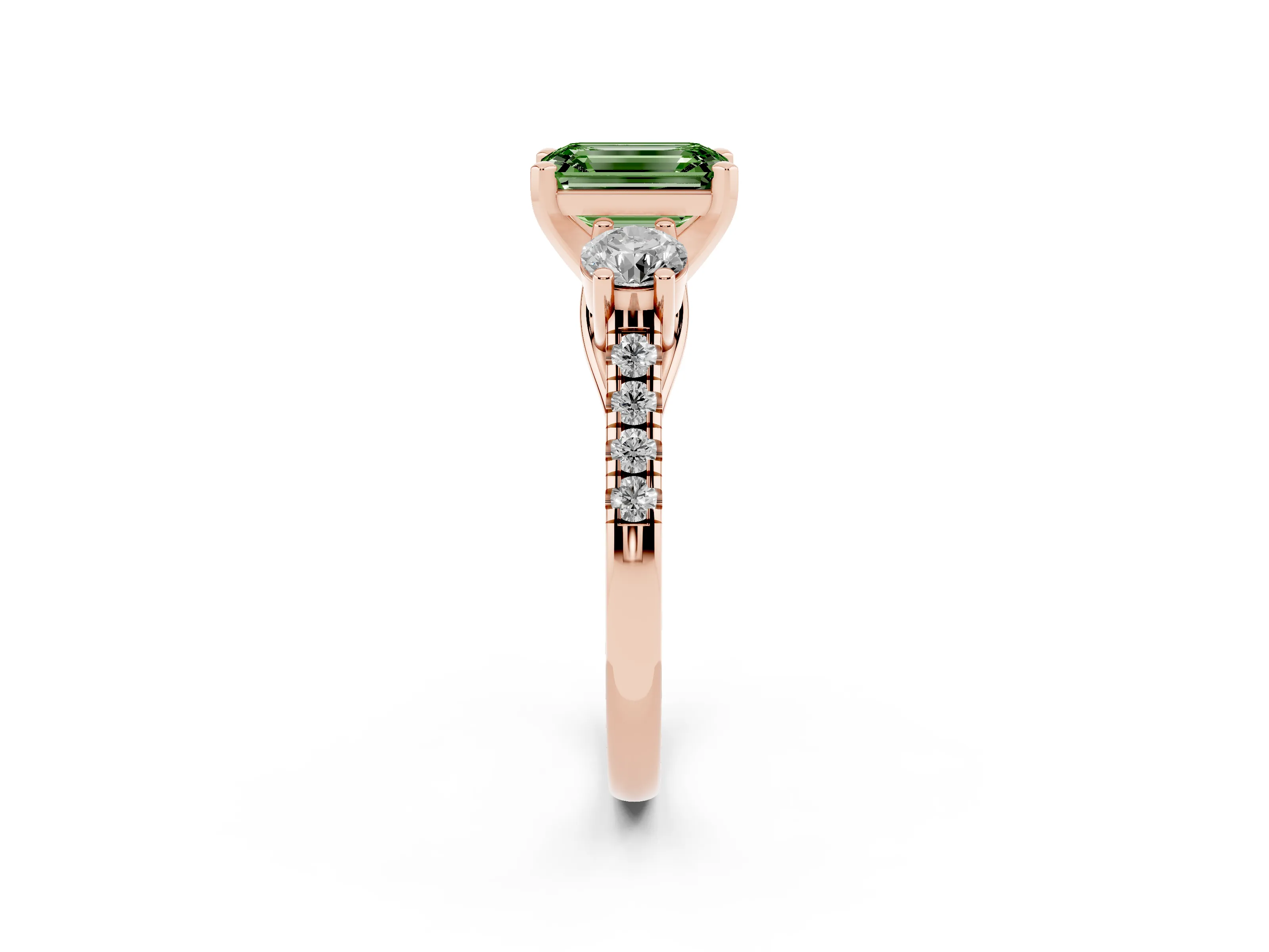 Fancy Green Three-Stone Emerald Cut Diamond Pavé Band Ring Set in Rose gold with Prong-Set Trio