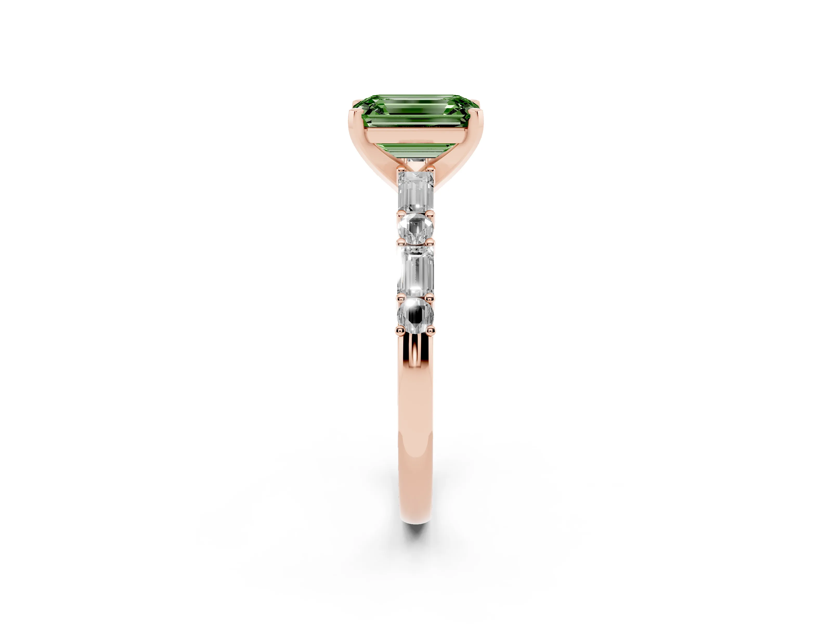 Fancy Green Emerald Cut Diamond Solitaire Set in Rose gold with Side Baguettes and Channel Set Band