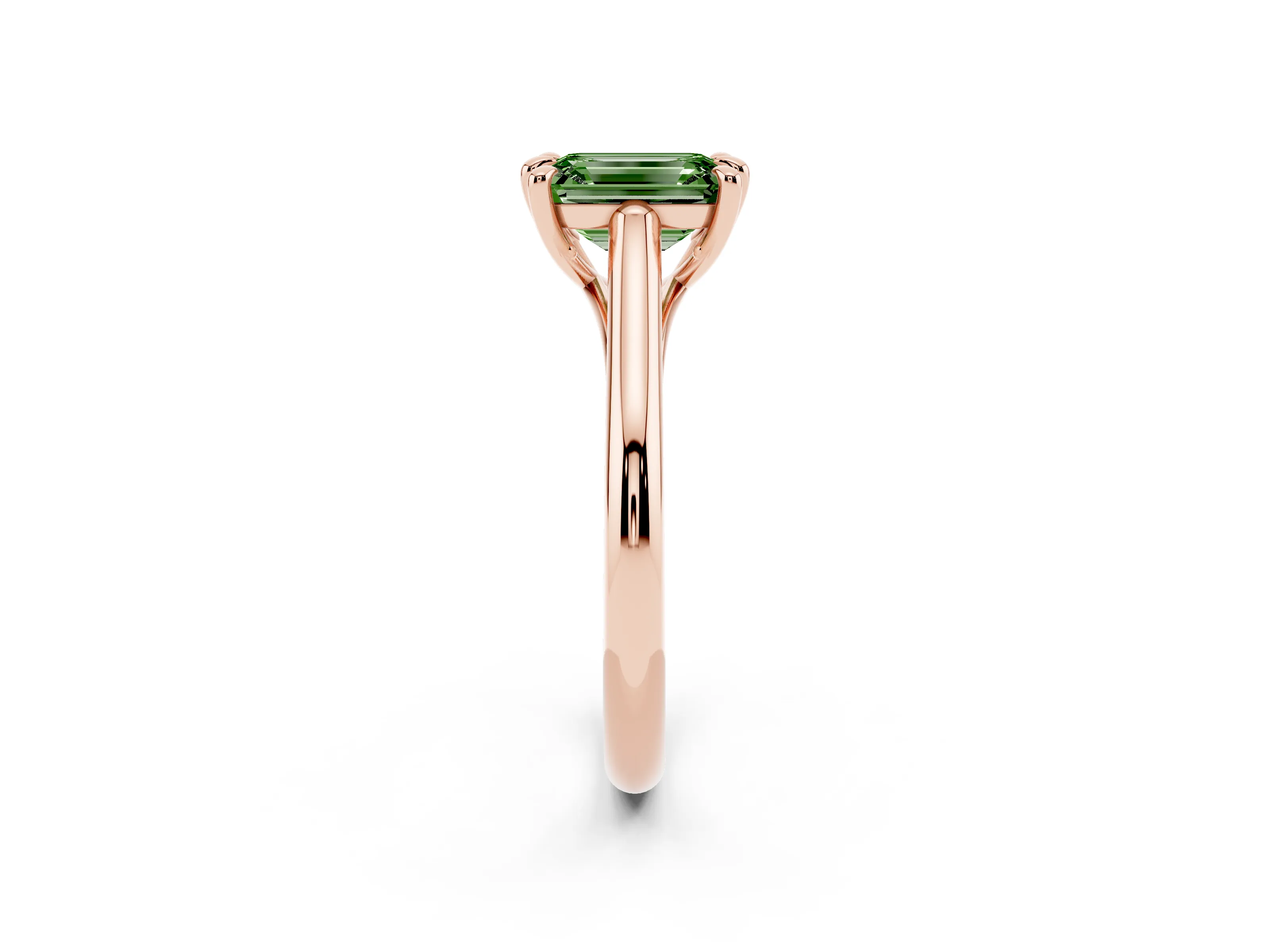 Fancy Green Emerald Cut Diamond Solitaire Engagement Ring Set in Rose gold with Prong Setting and Plain Classic Band