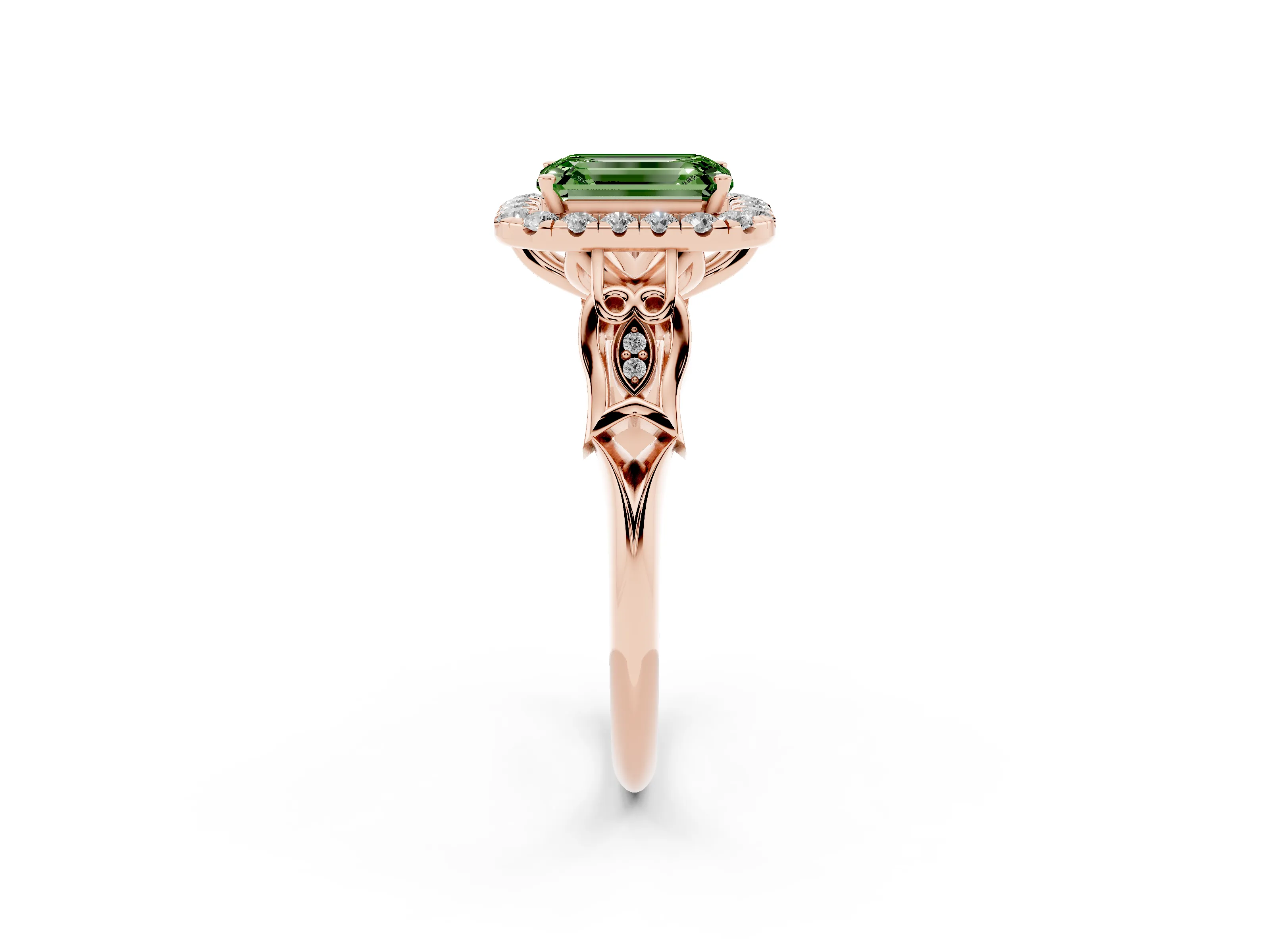Fancy Green Emerald Cut Diamond Halo Engagement Ring Set in Rose gold with Filigree Band and Prong-Set Center