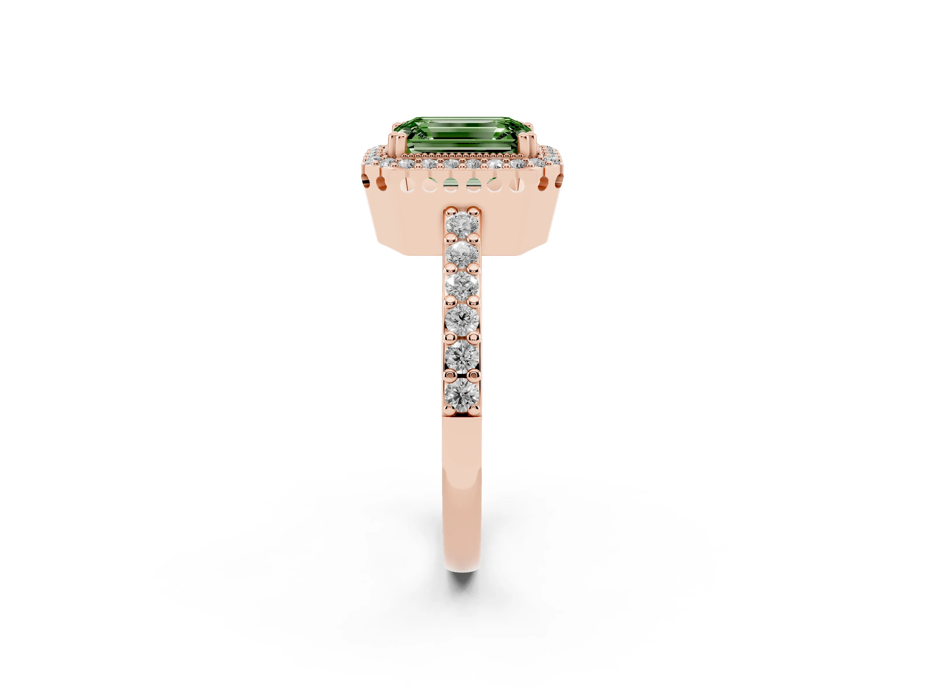 Fancy Green Emerald Cut Diamond Halo Engagement Ring Set in Rose gold with Milgrain Detail and Pavé Band
