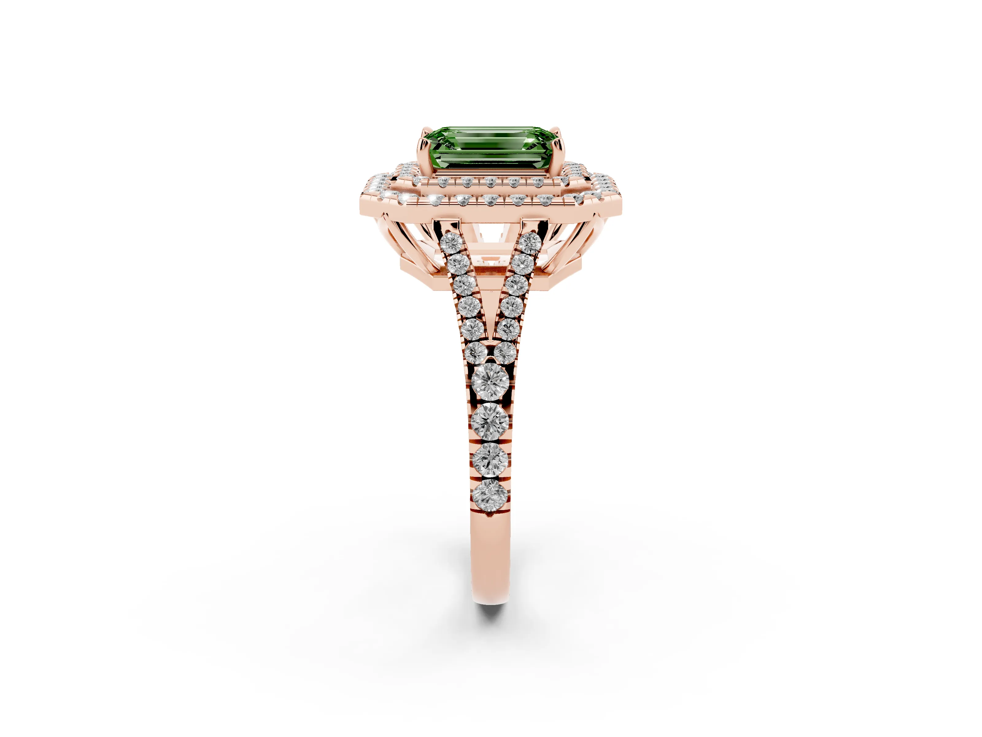 Fancy Green Emerald Cut Diamond Double Halo Ring Set in Rose gold with Pavé Band