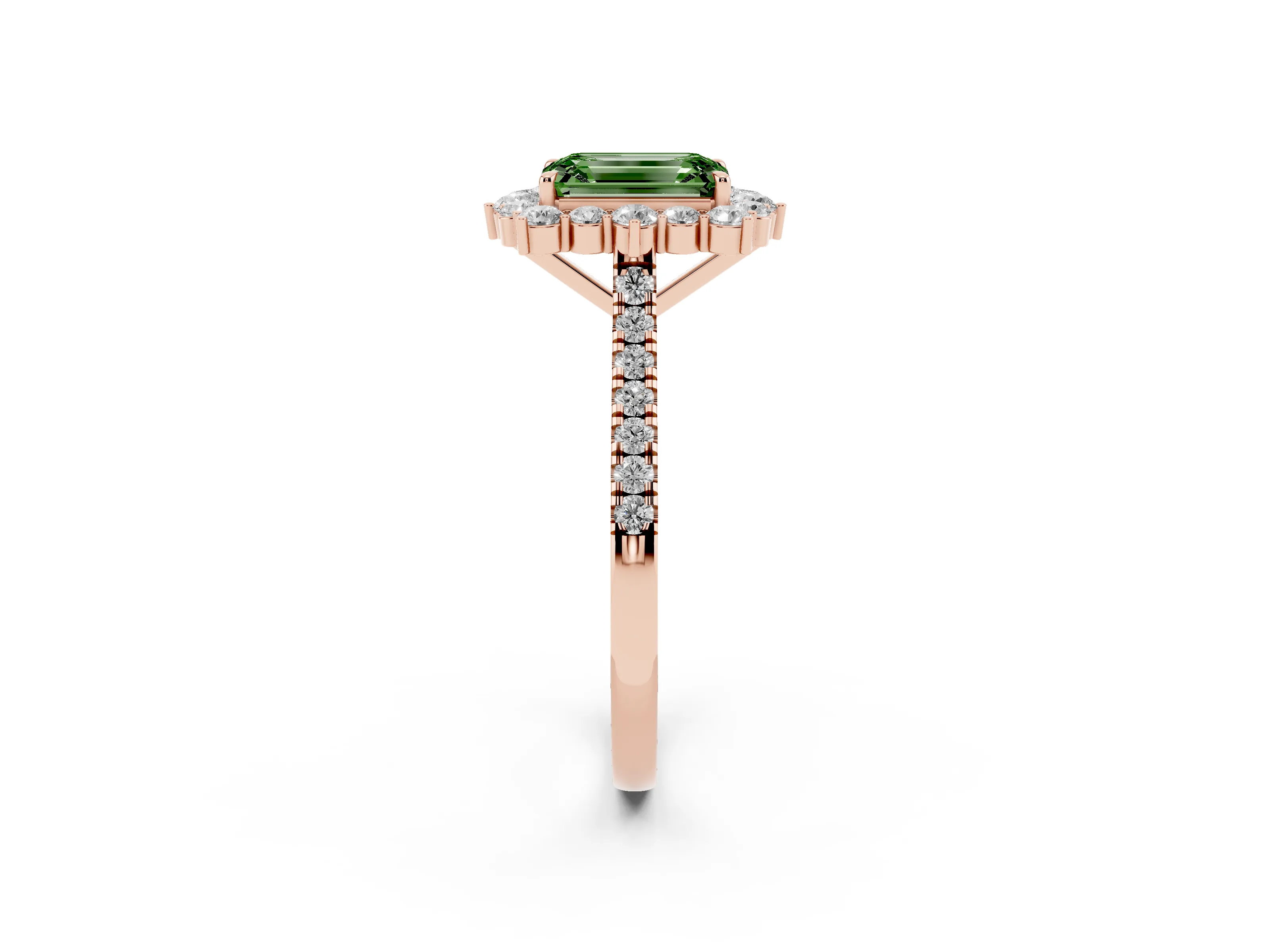 Fancy Green Emerald Cut Diamond Halo Ring Set in Rose gold with Pavé Band and Prong Setting