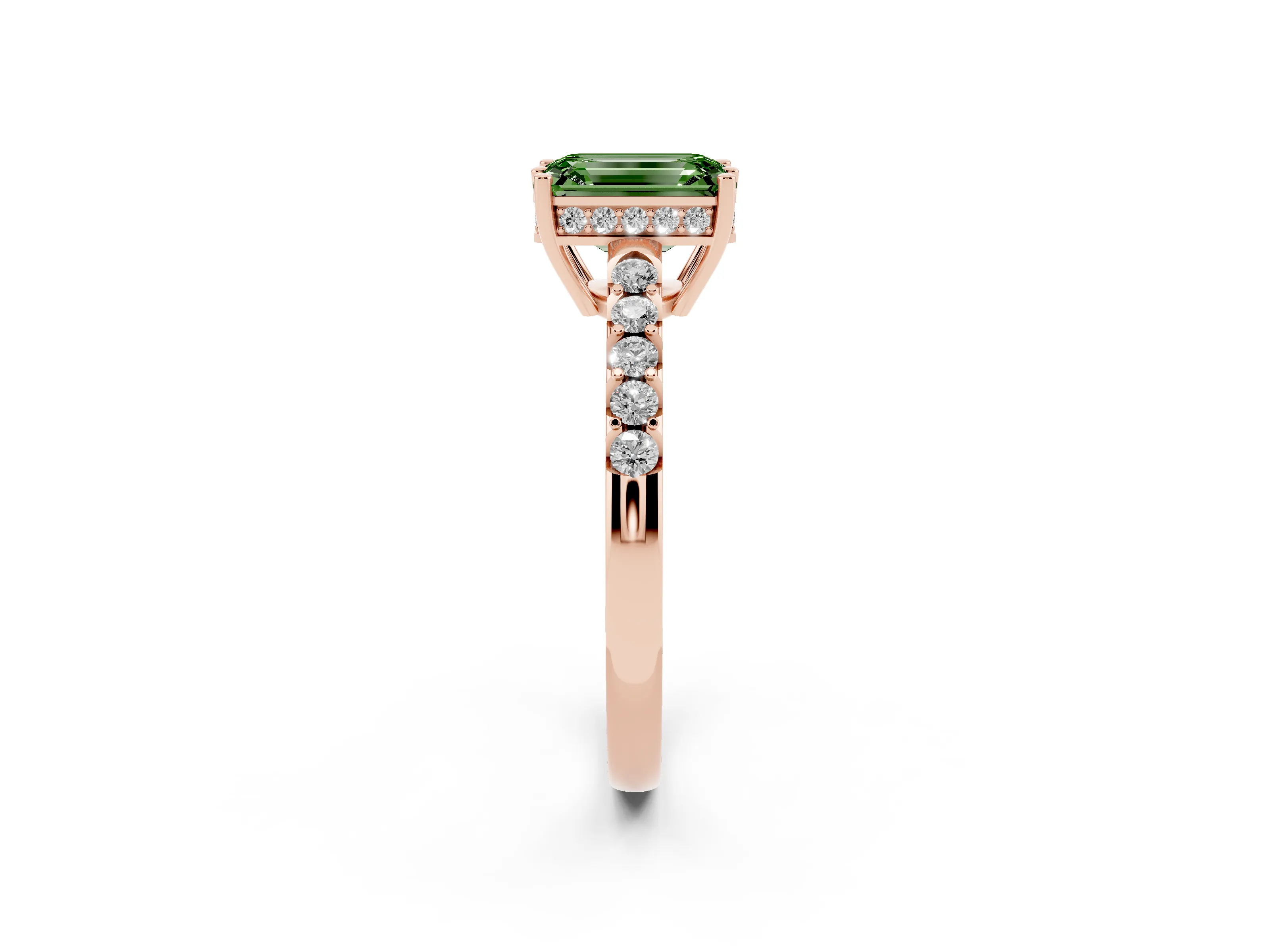 Fancy Green Emerald Cut Diamond Solitaire Engagement Ring Set in Rose gold with Pavé Band and Prong Setting